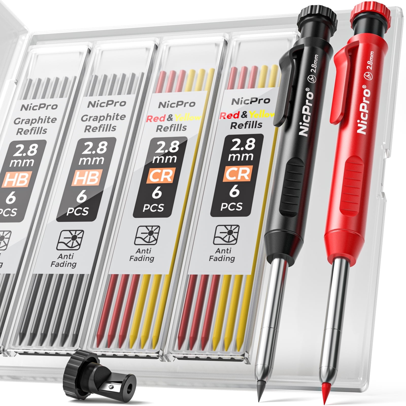 NicPro 2.8 mm Mechanical Carpenter Pencil Set with 26 Refills and Sharpener (Black, Red, Yellow, 2-Pack) q73d3
