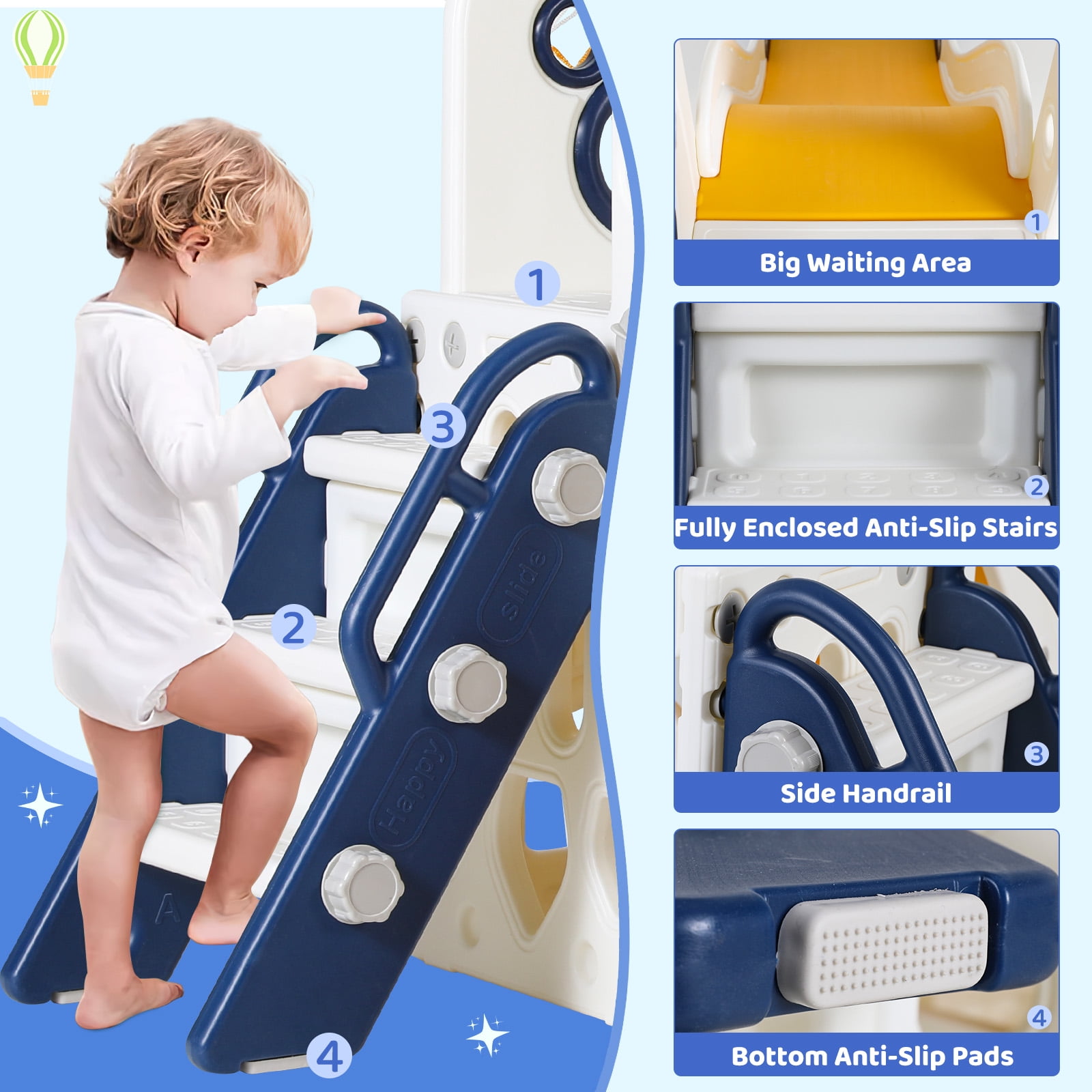 Arlopu Kids Slide and Swing Set, 5-in-1 Toddler Climber Playset with Basketball Hoop and Storage (Blue, 58.3 in x 58.7 in x 45.3 in) opnp5