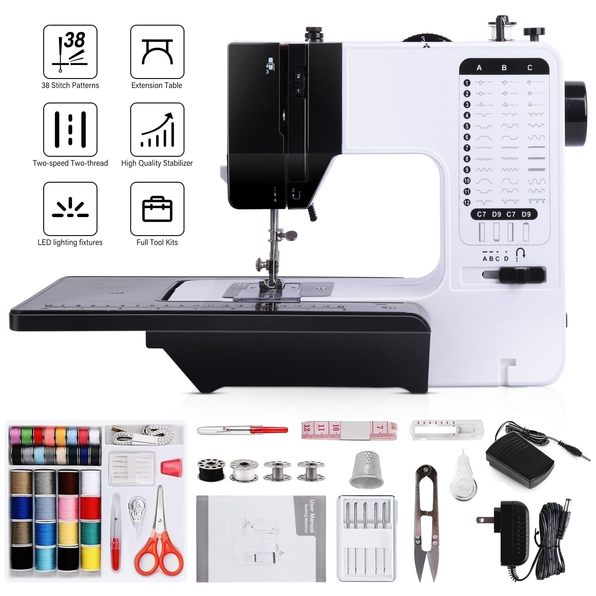 BCOOSS Portable Sewing Machine for Beginners with Extension Table and 38 Built-in Stitches (Black, 1 Unit) t9e8o