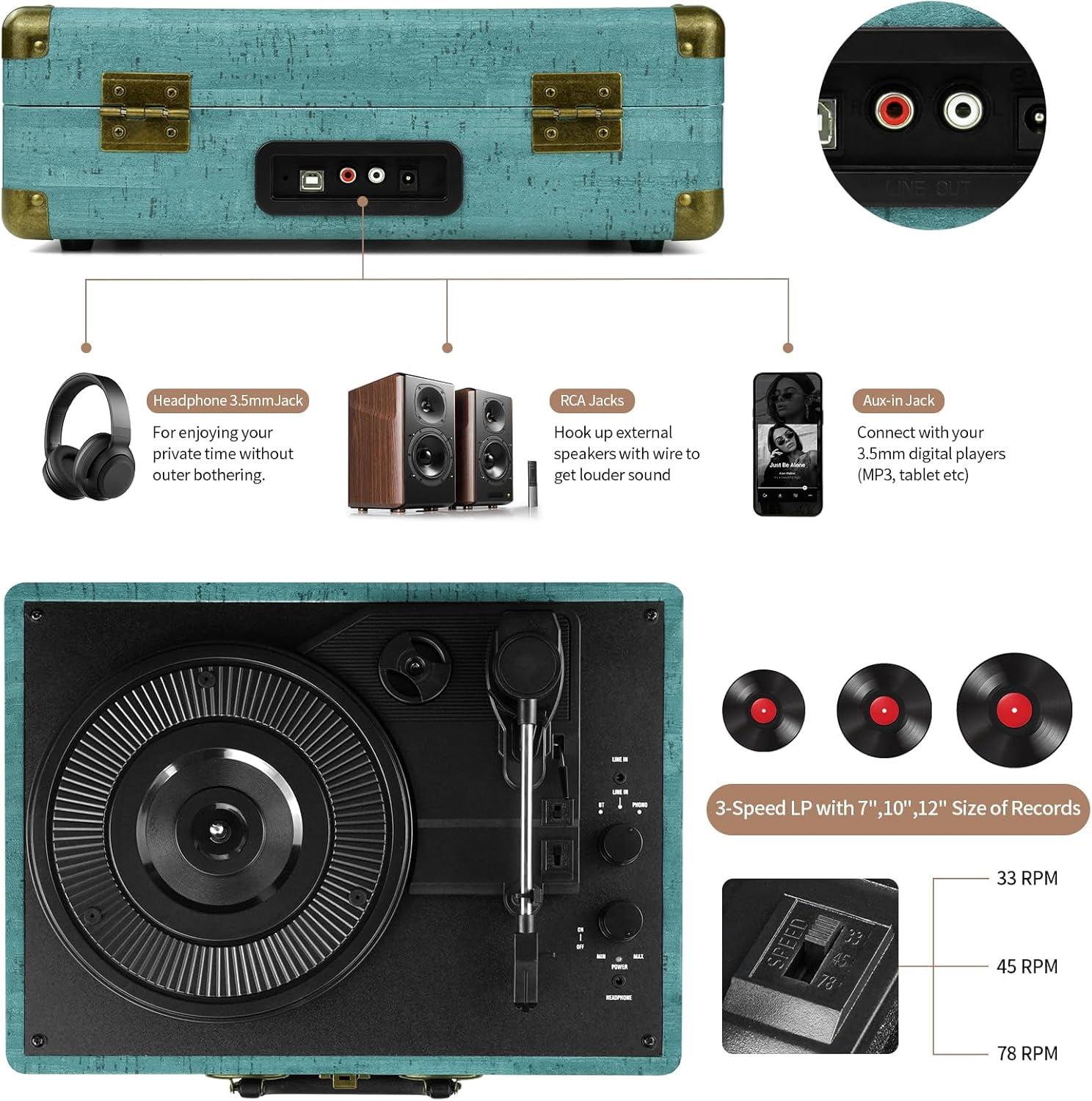 DIGITNOW Vinyl Record Player Bluetooth Turntable (Blue, 3-Speed Portable Suitcase) al1va