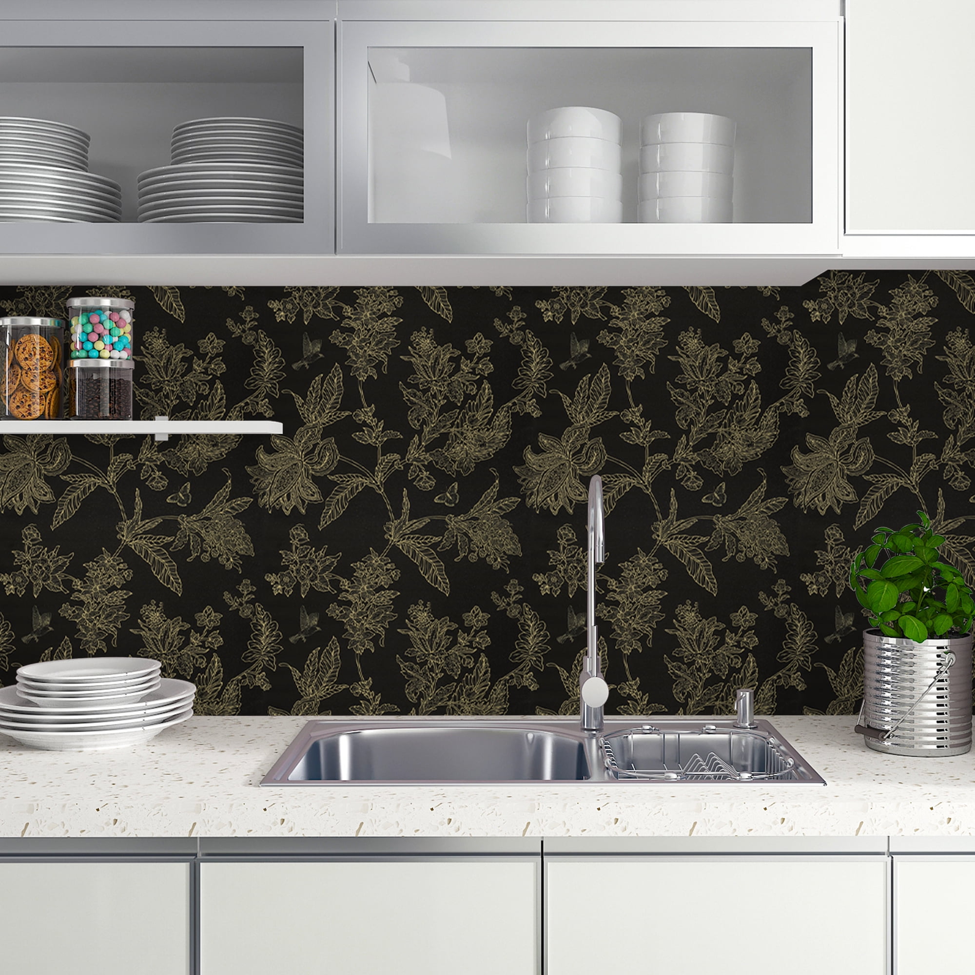 Abyssaly Floral Peel and Stick Wallpaper, Self-Adhesive Vinyl Wall Covering for Bedroom (Black, 17.5-in x 118-in) hxopv