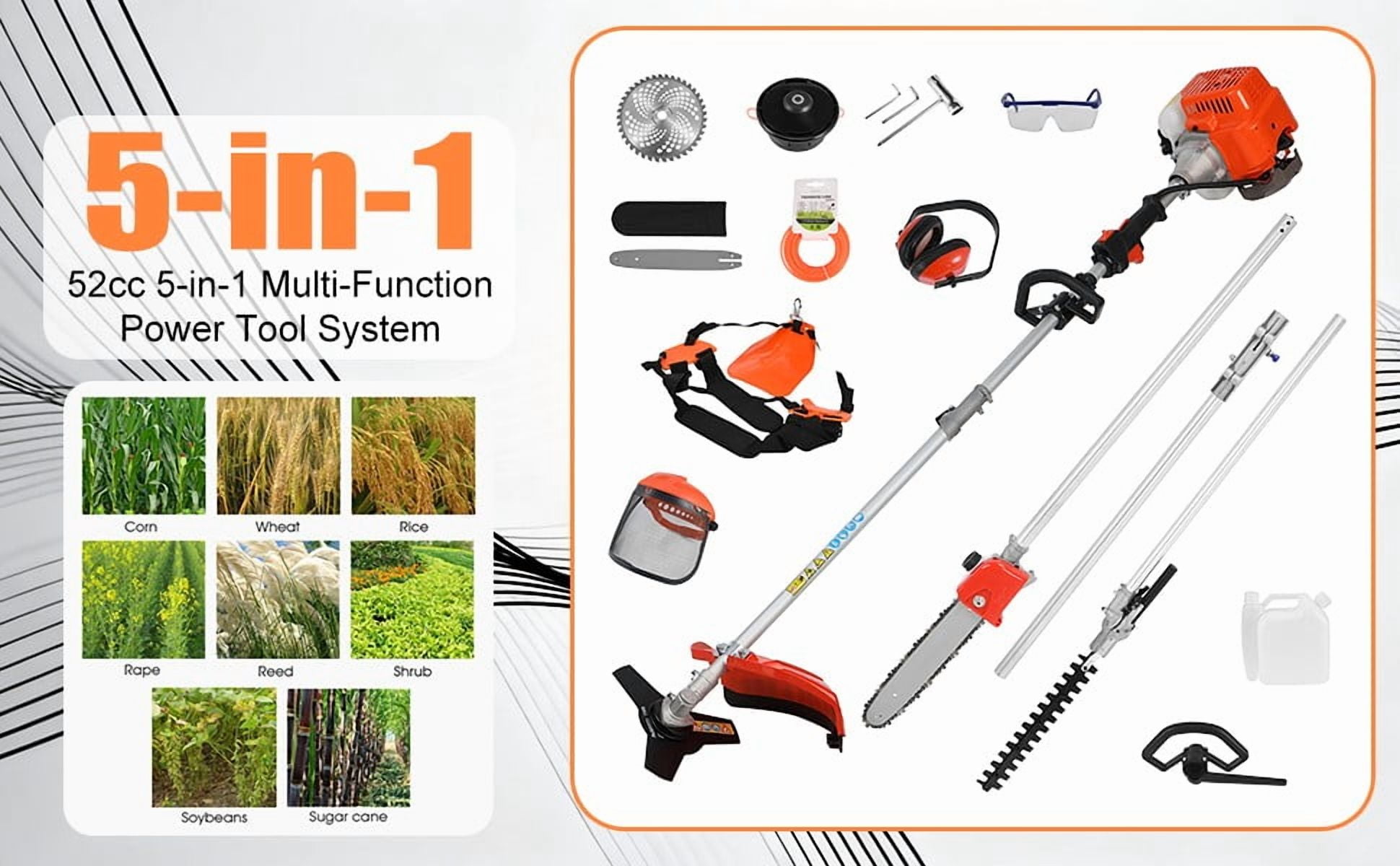 YNCE 5-in-1 Gas Powered Multi-Tool Hedge Trimmer and Brush Cutter (Orange, 52CC Engine) r70bd