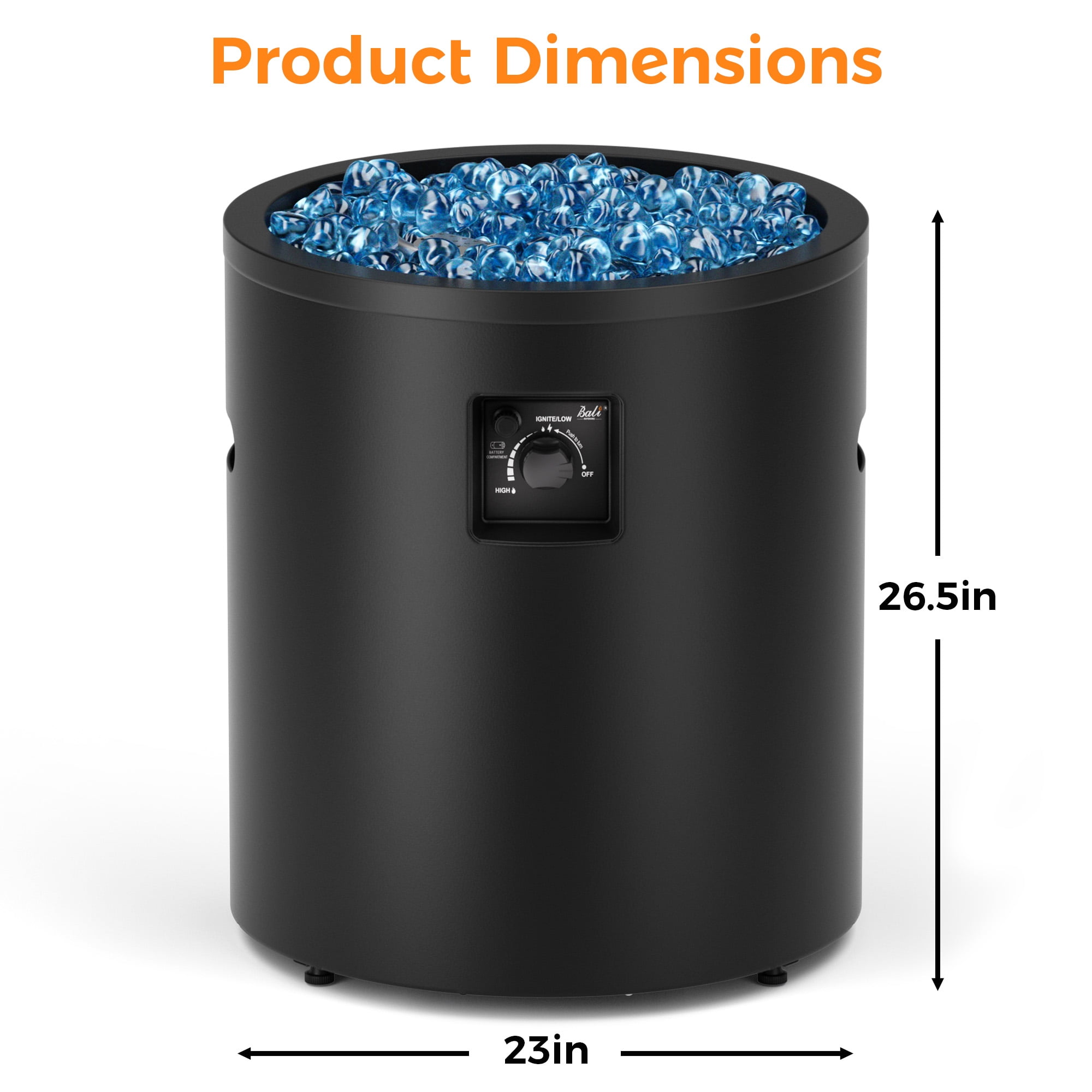 Bali Outdoors 23 in Gas Fire Pit Column, 50,000 BTU Round Propane Fire Pit Table with Glass Stones (Black) kws90