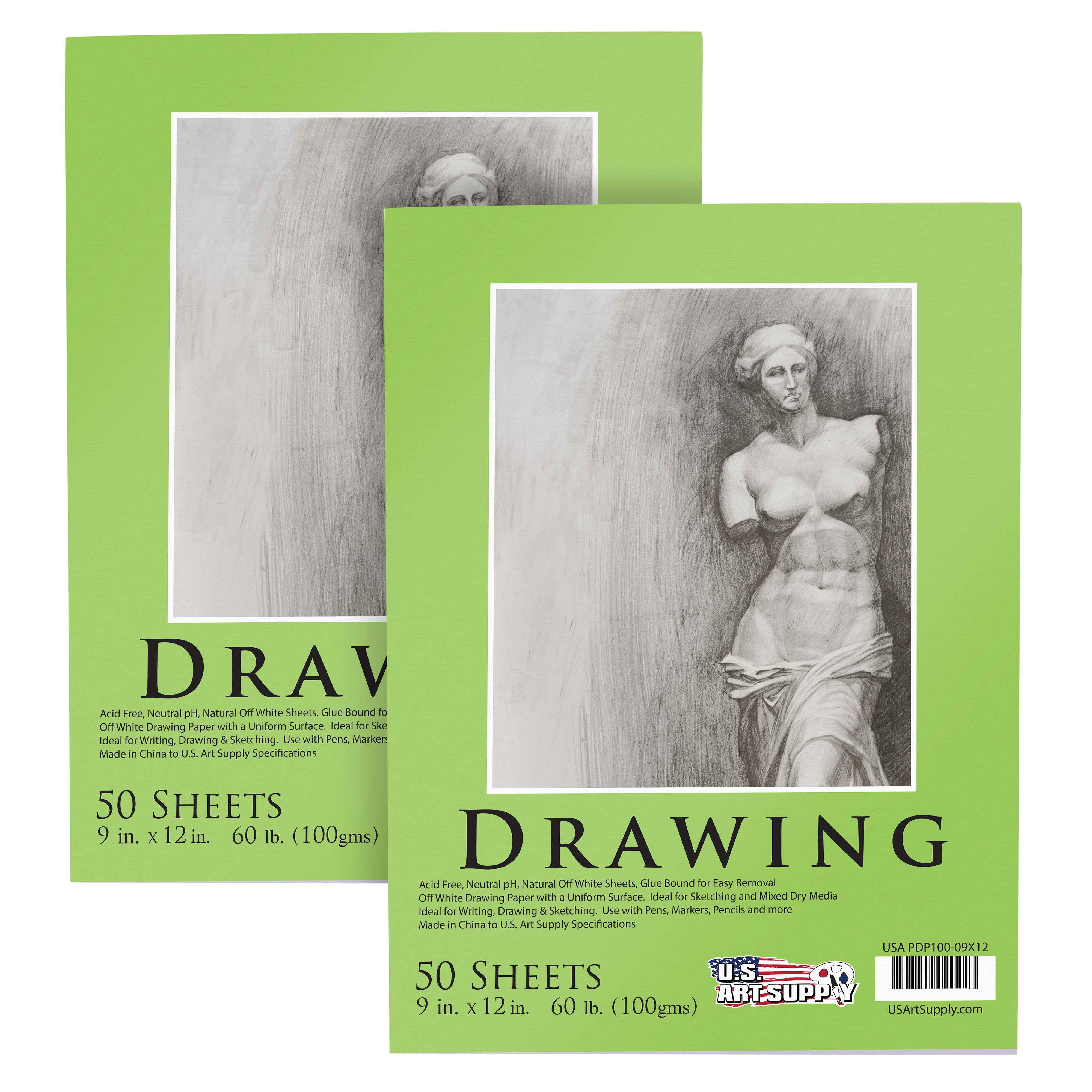 U.S. Art Supply Premium Drawing Paper Pad, Acid-Free Sketchbook for Dry Media (White, 9 in x 12 in, 2 Pack) zaxdr