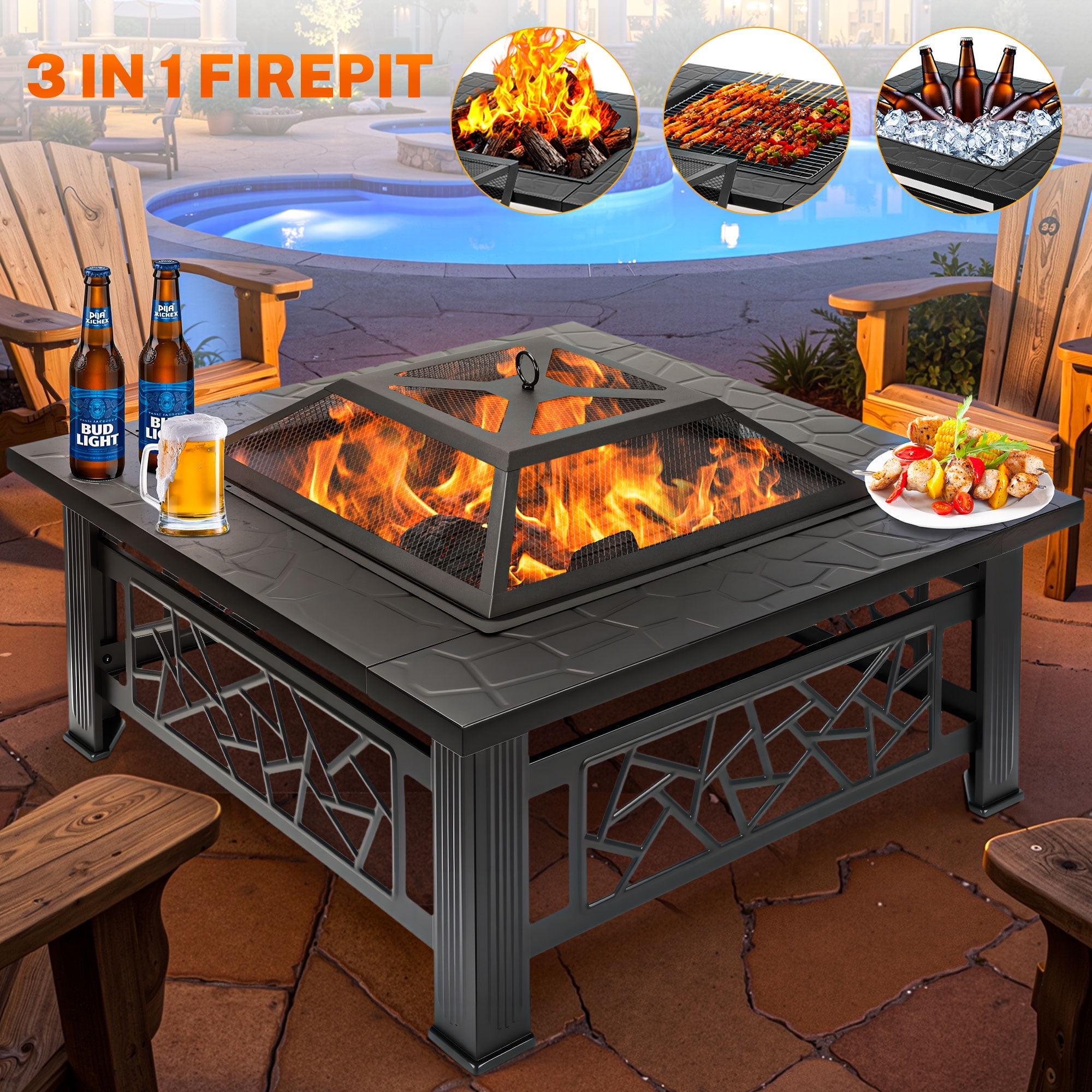 Segmart 32 in Square Outdoor Fire Pit with Spark Screen and Lid (Black, 32 in) 6juqy