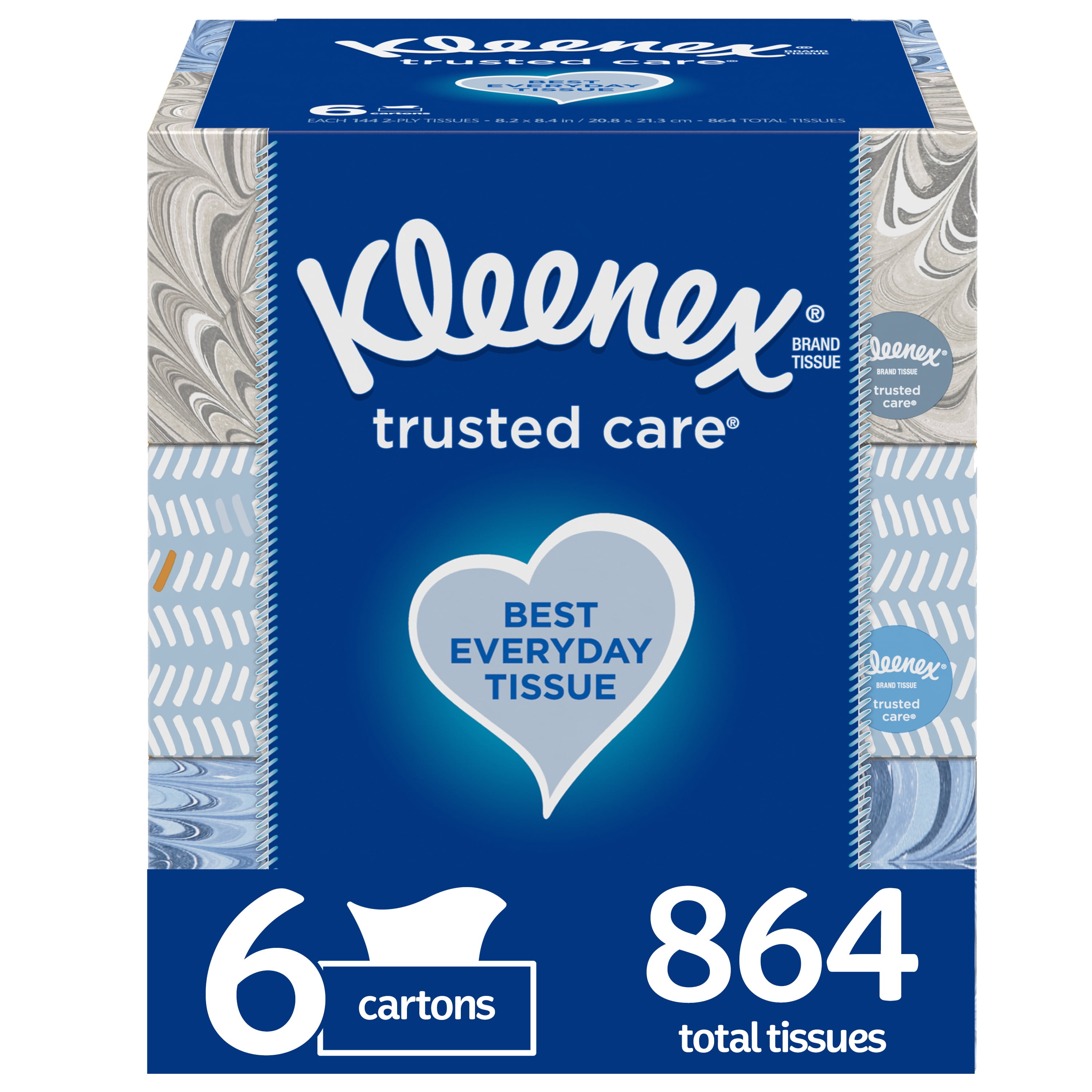 Kleenex Trusted Care Everyday Facial Tissues, 2-Ply Soft & Absorbent Paper Tissues (White, 6 Flat Boxes, 864 Total Tissues) 33nbe