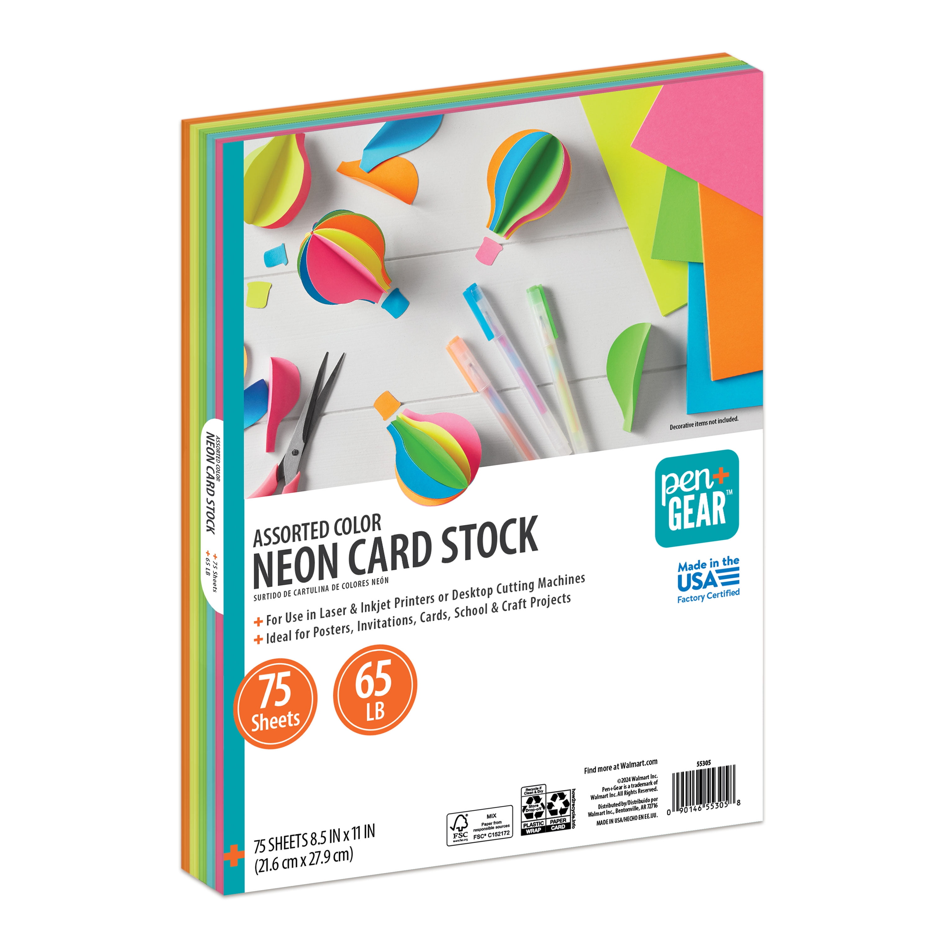 Pen+Gear Neon Card Stock Paper, Heavyweight Crafting Sheets (Assorted Colors, 8.5 in x 11 in, 75 Sheets) ljhrw