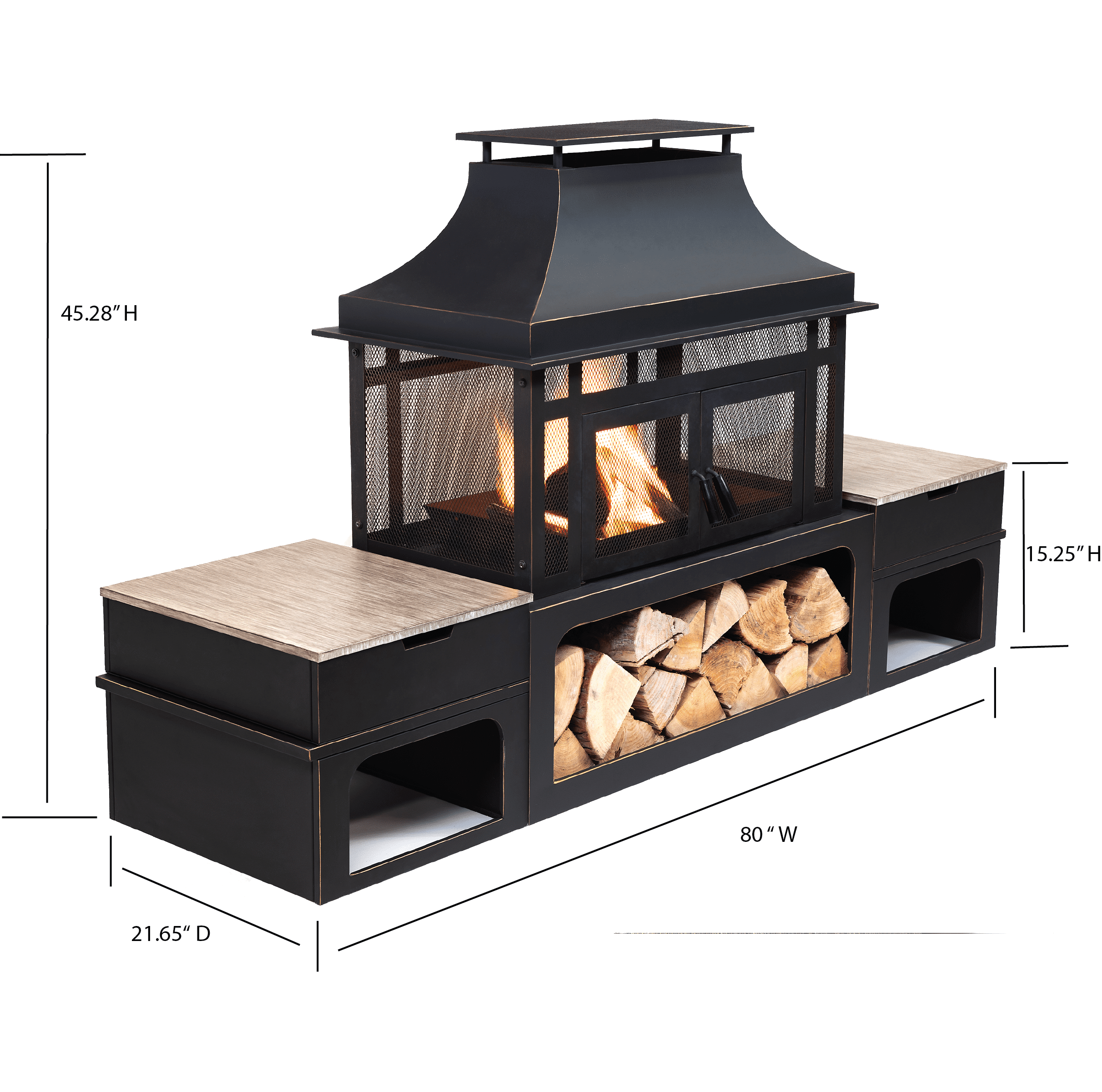Deko Living Rectangular Outdoor Wood Burning Fire Pit with Log Storage and Side Tables (80 in x 21.65 in) or0ag