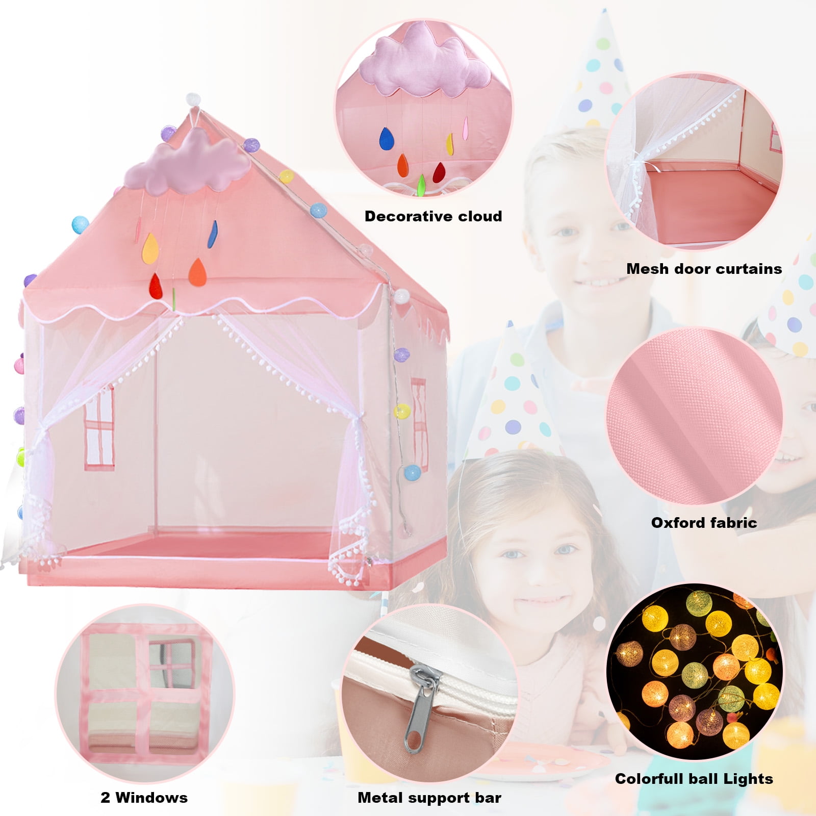 KEYAHAPPY Princess Playhouse Castle Kids Tent with Lights and Mesh Windows (Pink, 47.2 in L x 39.4 in W x 51.2 in H) 5blle