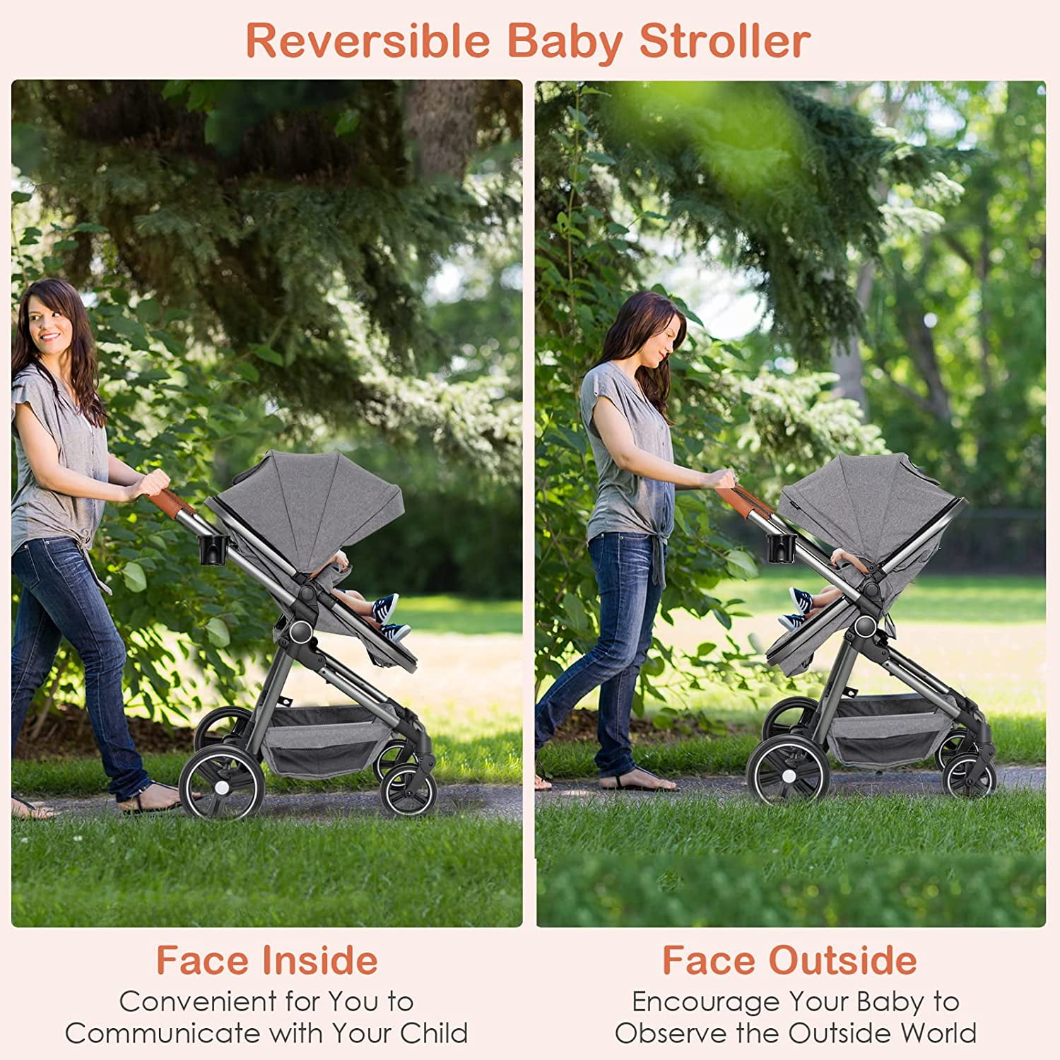 Olakids 2-in-1 Convertible Baby Stroller, High Landscape Reversible Pram with Adjustable Canopy and 5-Point Harness (Grey) tc6m1