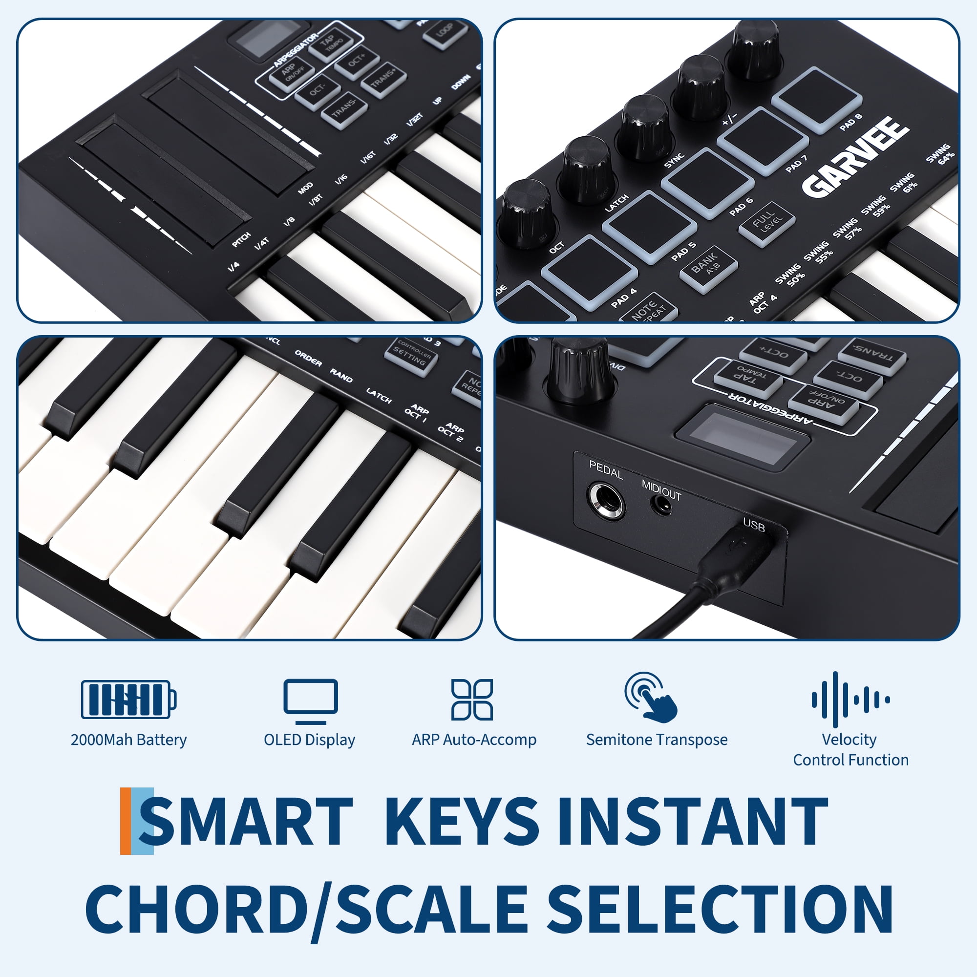 Peparins 25-Key MIDI Keyboard Controller, Compact USB DAW Integrated Music Production Keyboard with 8 Drum Pads and OLED Display (Black, 25-Key) 9pea8