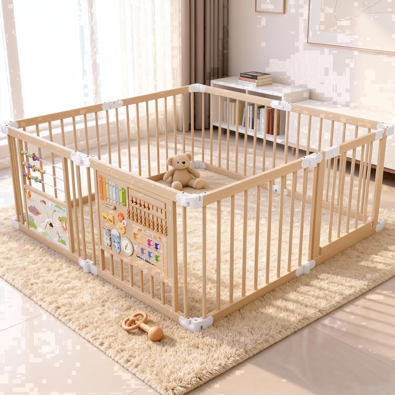 PRVAETU Foldable Wooden Baby Playpen with Gate and Activity Boards (Brown, 63 in x 63 in x 24 in) h9gxi