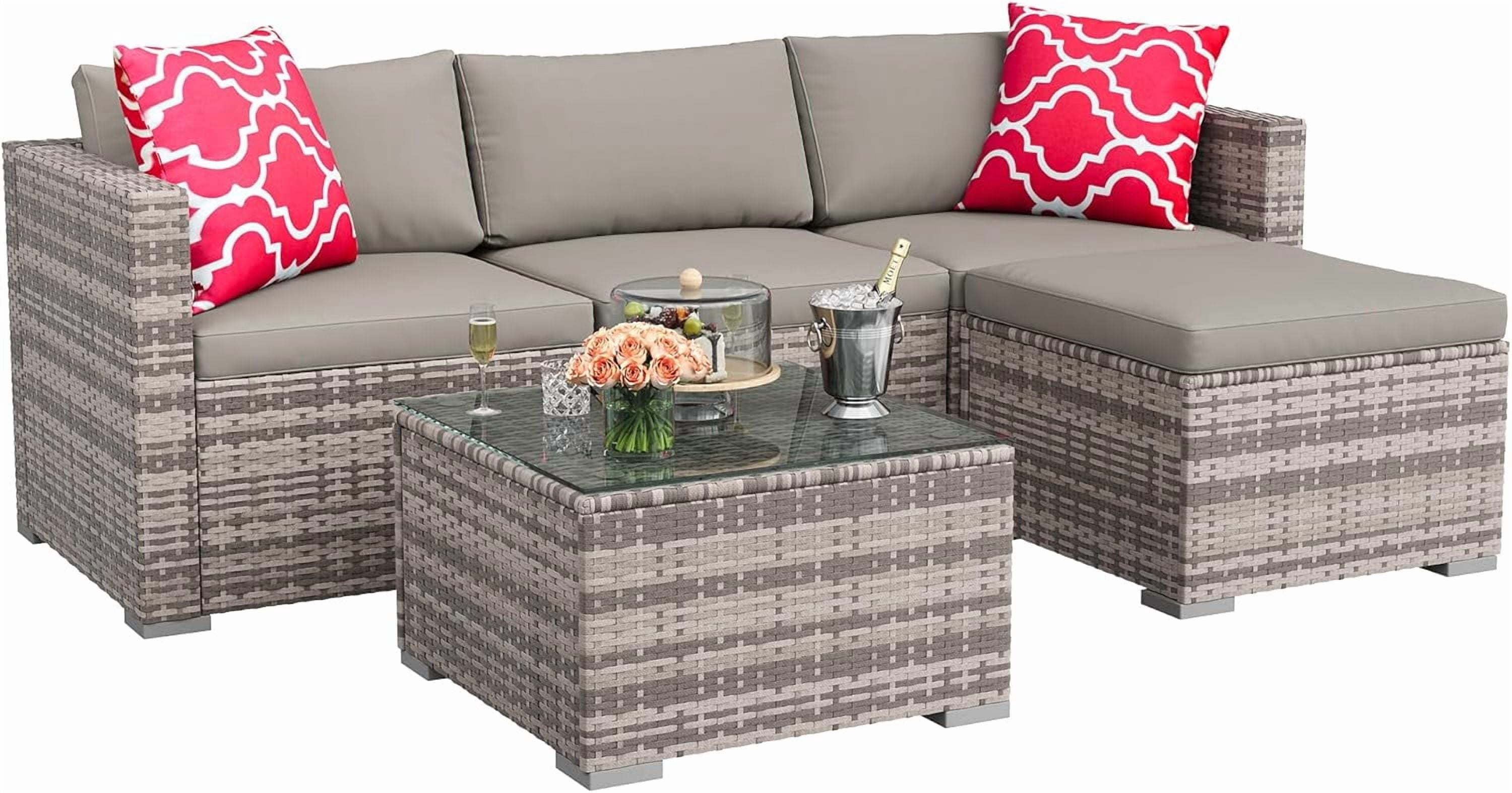 IdealHouse 5-Piece Outdoor Sectional Sofa Set, All-Weather PE Rattan Patio Furniture with Ottoman & Tempered Glass Table (Gray, 5-Piece Set) fbzxn