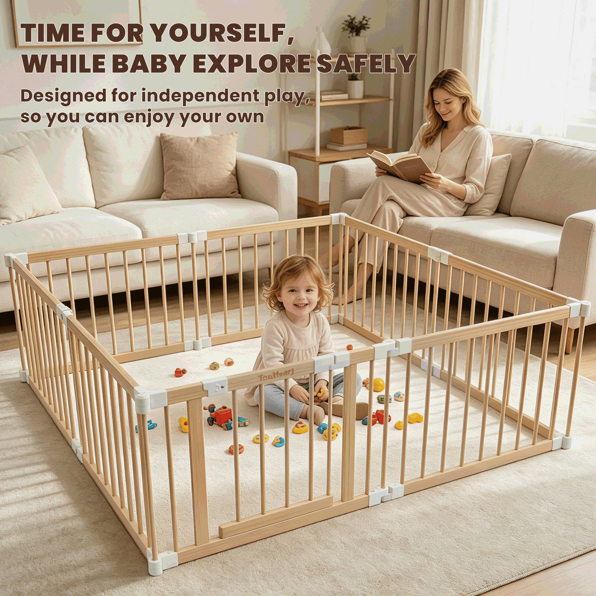 TouHeart Wooden Baby Playpen, Foldable Safety Play Fence with Gate (Natural Wood, 69 in x 69 in x 24 in) gap0x