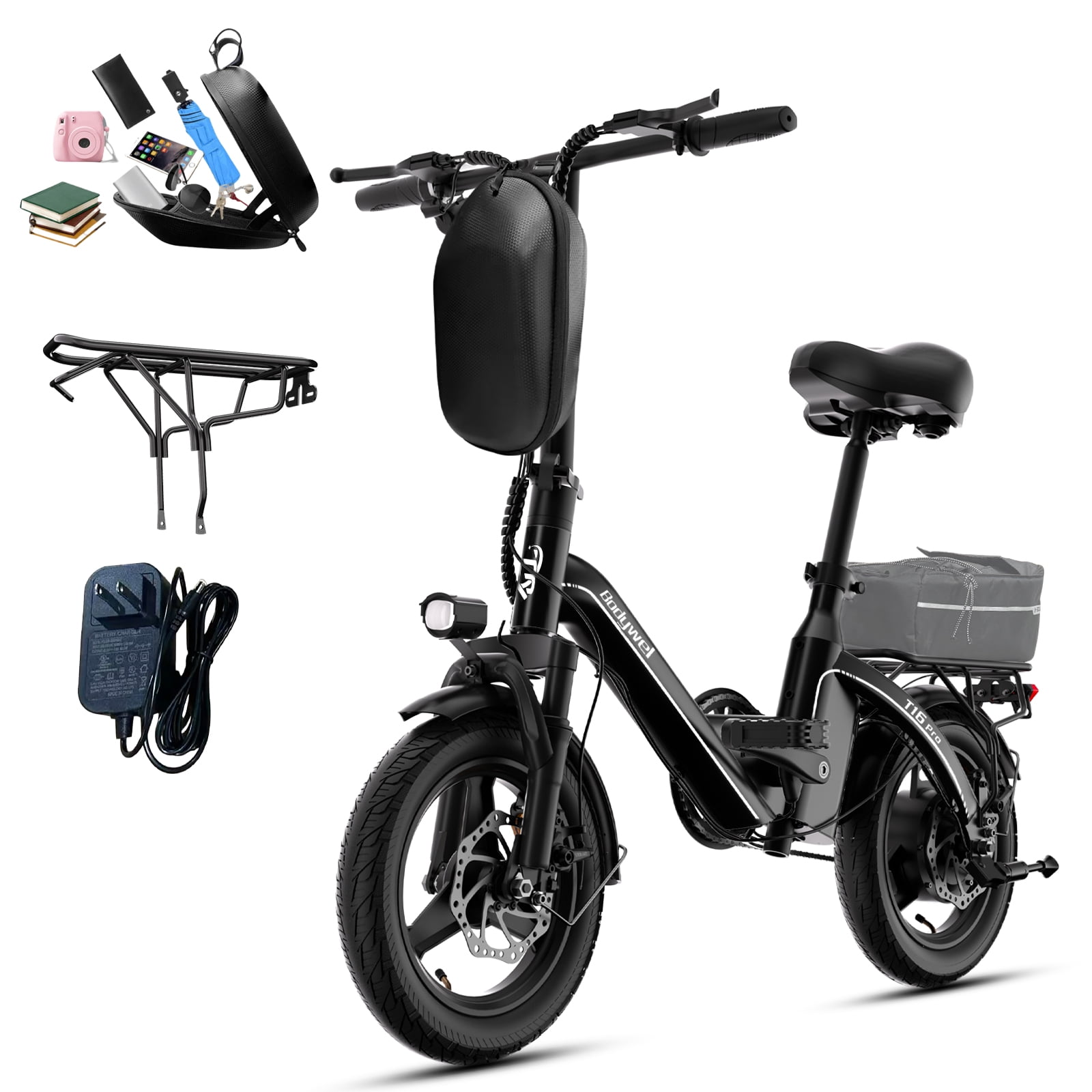 Bodywel Electric Bike for Adults, Folding E-Bike with 500W Motor, 36V 10Ah Battery, Commuter Mini Bicycle (Black, 14 in) kd2ff