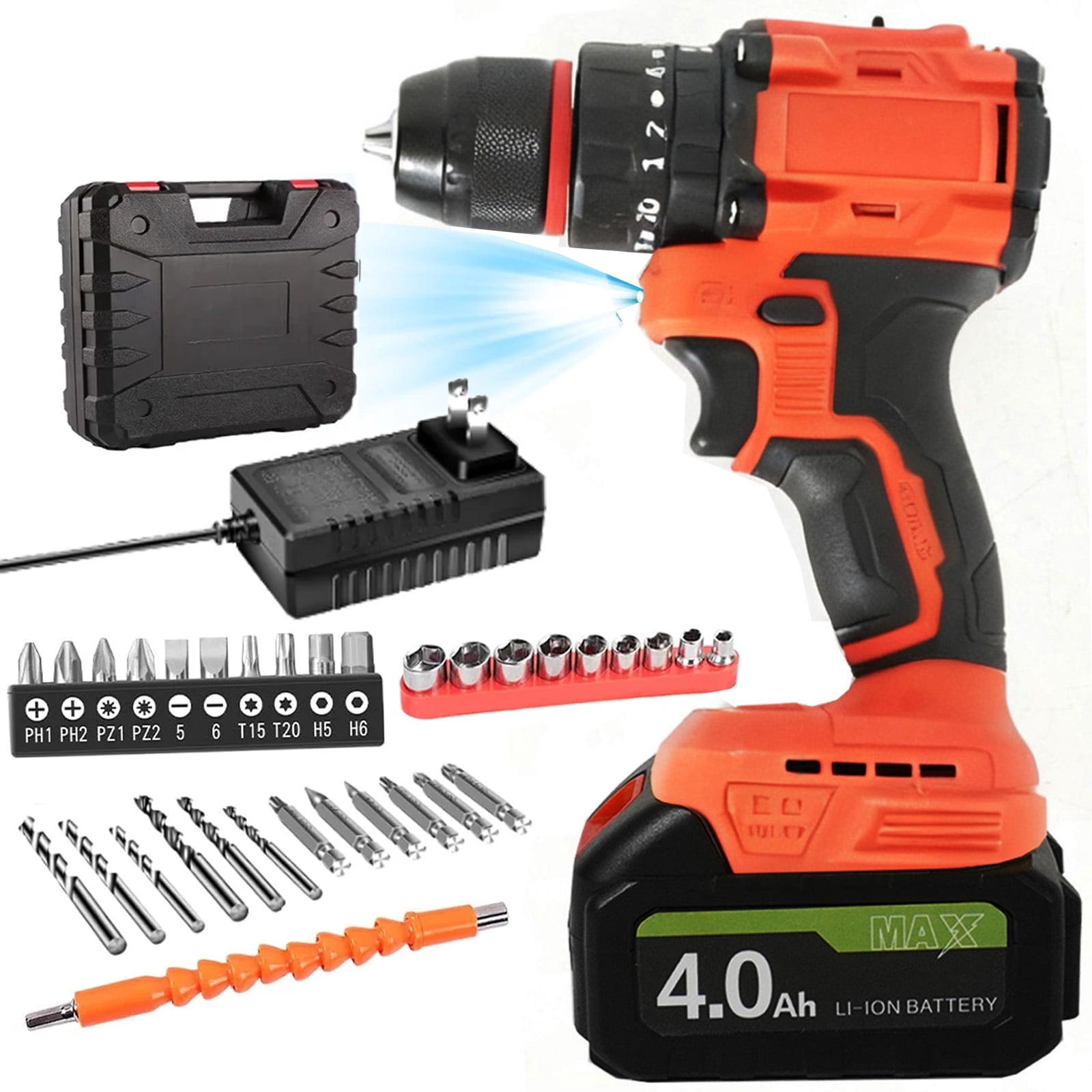Susuzi 48V Cordless Power Drill Set with 34-Piece Accessory Kit, 2-Speed Variable Control, 3/8 in Keyless Chuck, and LED Work Light (3.8 lb) djc62