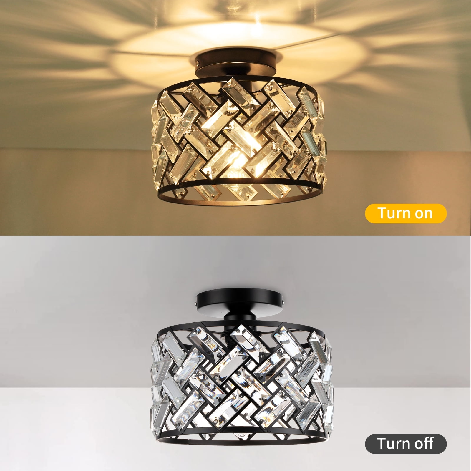 FRIDEKO HOME Modern Crystal Semi Flush Mount Ceiling Light, Black Metal Drum Fixture for Hallway and Bathroom (8.86 in) 1f0g1