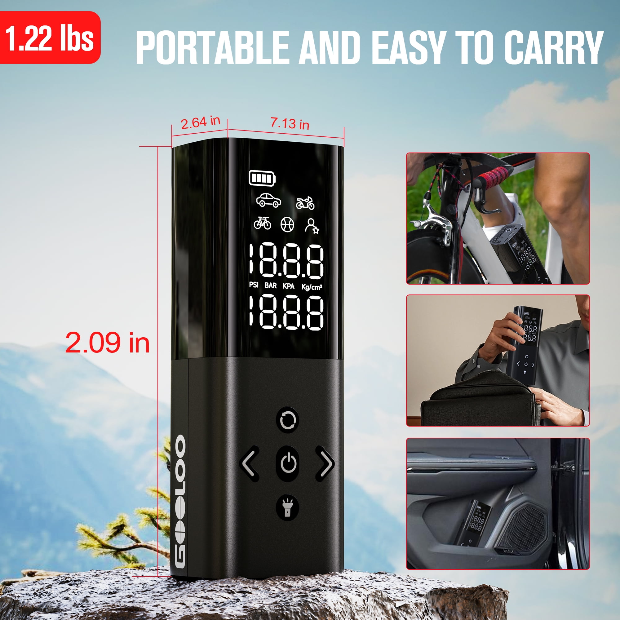 Gooloo AP150 Cordless Tire Inflator Portable Air Compressor, 150 PSI Digital Pump for Car Tires (Black, 6000mAh) 2yewd