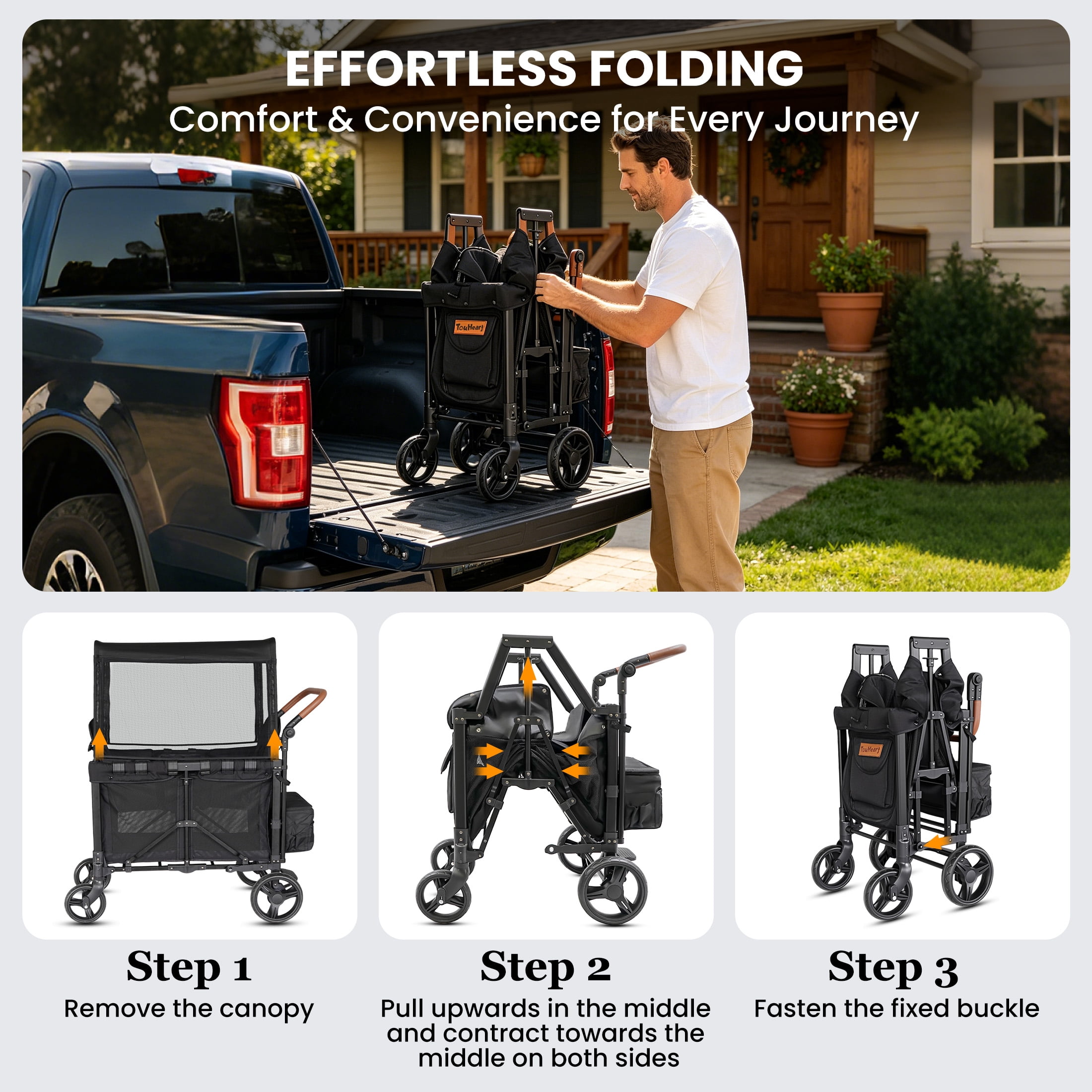 TouHeart 3-in-1 Foldable Wagon Stroller for 2 Kids with Canopy and 5-Point Harness (Black, 200 lb Capacity) te9ap