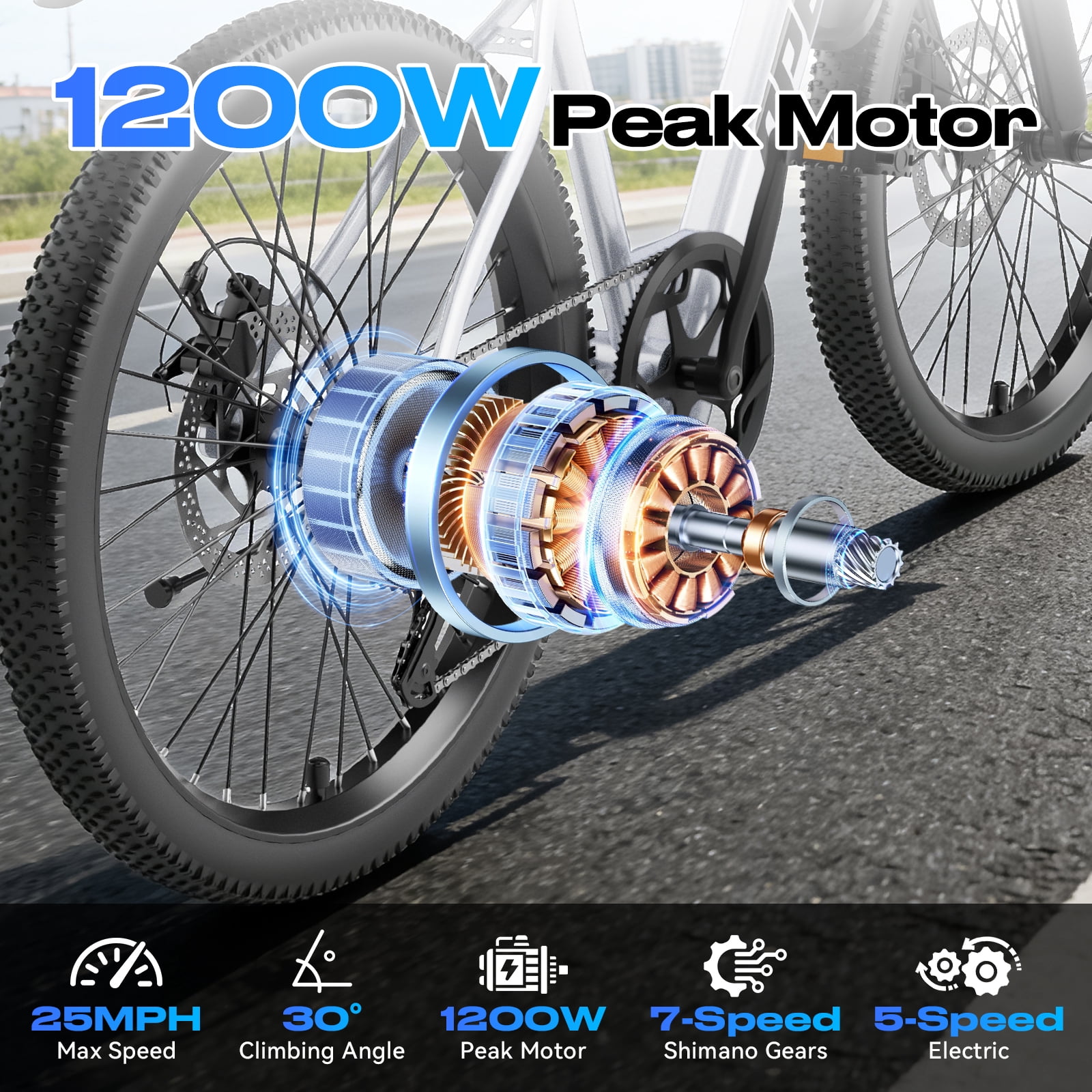 X-Koala 26 in Electric Bike for Adults, 1200W Motor Commuter E-Bike, 7-Speed, UL2849 Certified (Silver, 26 in) qplsj