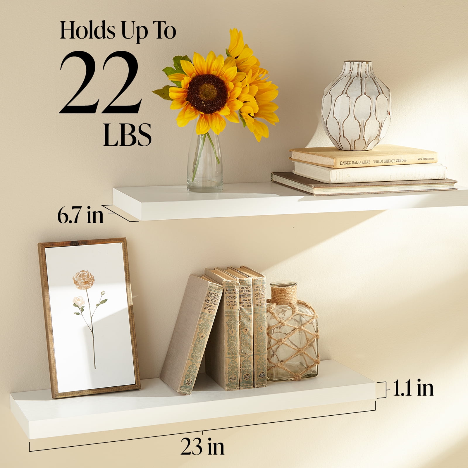 Ophanie Wall Mounted Floating Shelves, Modern Wood Display Ledge for Home Decor (White, 22.5 in x 6.7 in, 2 Pack) 1yutl