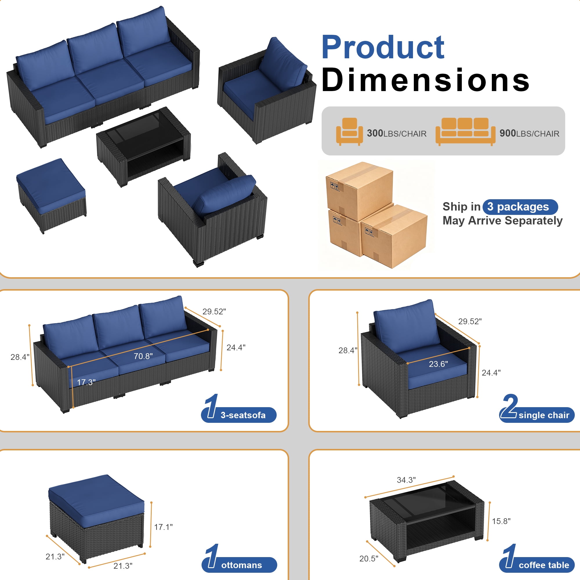 Gasee 7-Piece Outdoor Patio Furniture Set, Rattan Sectional Sofa with Coffee Table (Navy Blue, 7 Pieces) kw1mu