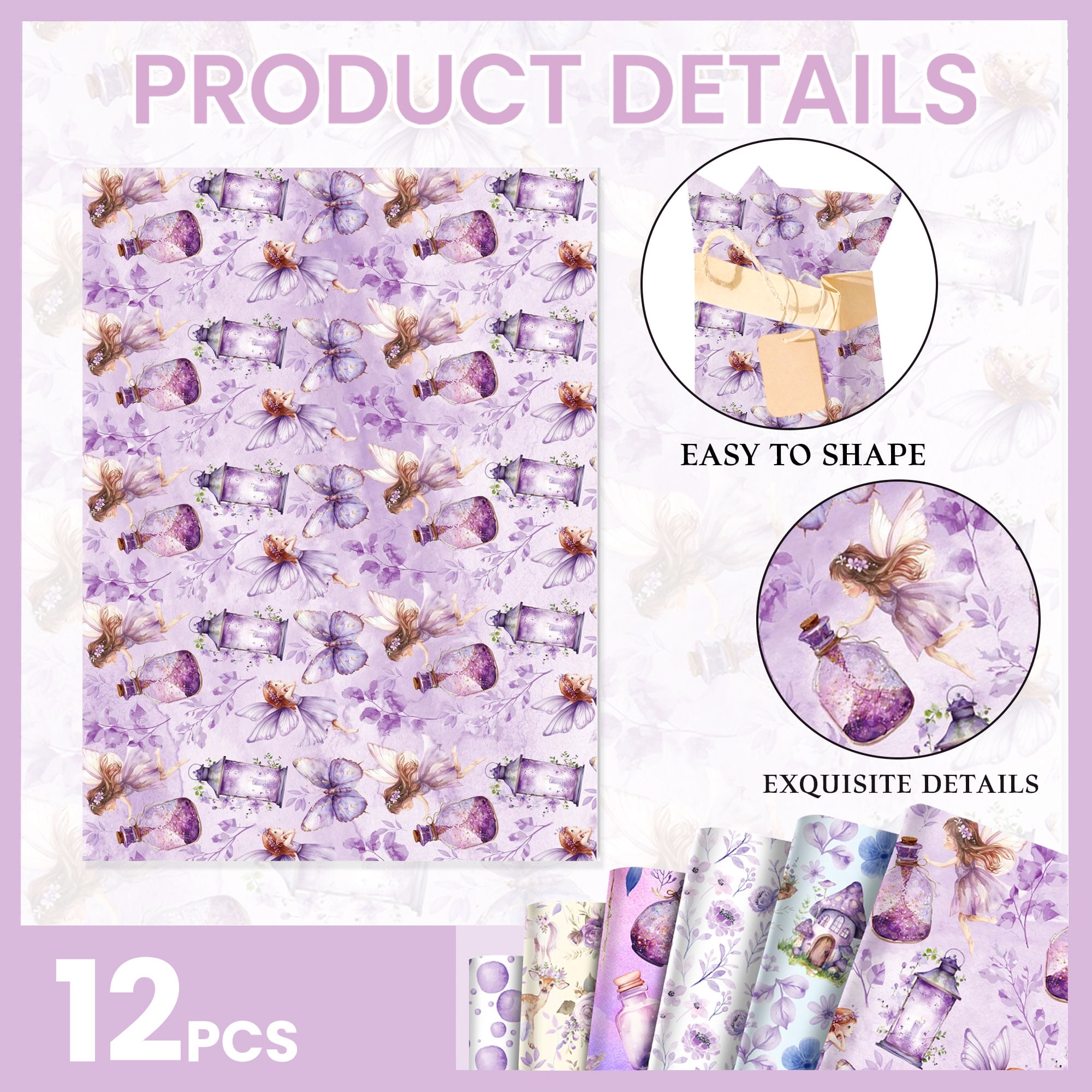 LaVenty Fairy Tale Gift Wrapping Paper - Whimsical Forest Design for Birthdays and Parties (Purple, 12 Sheets, 27 in x 20 in) wbfcn