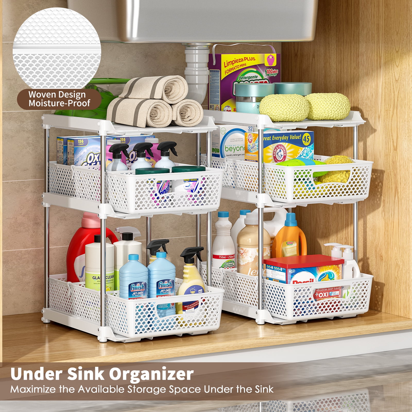 Taimasi 3-Tier Under Sink Organizer and Bathroom Storage Shelf (White, 2 Pack) la2d6