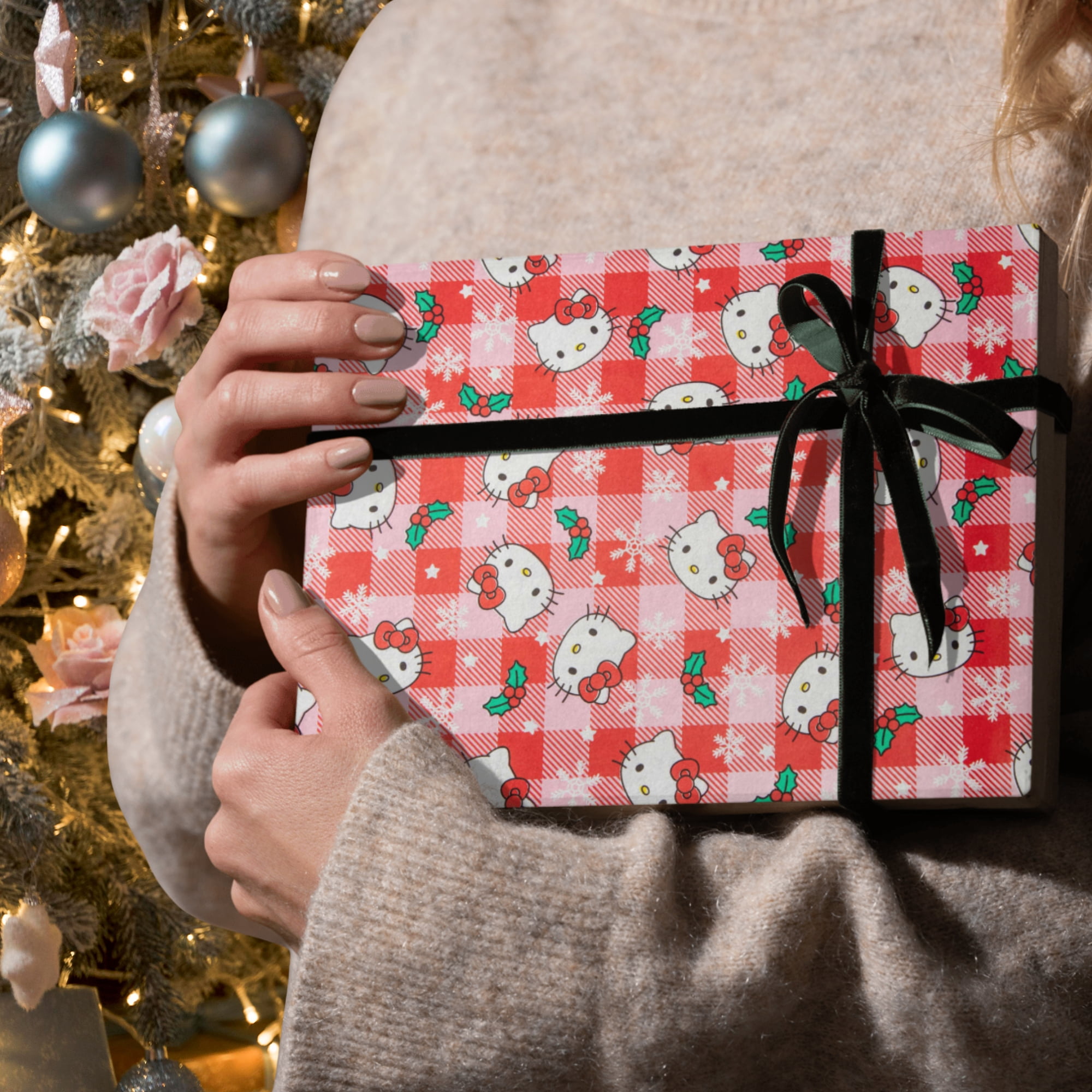 Greenbrier International Hello Kitty Christmas Wrapping Paper, Festive Red Plaid Gift Wrap for Holidays and Birthdays (50 sq ft) mwlfx