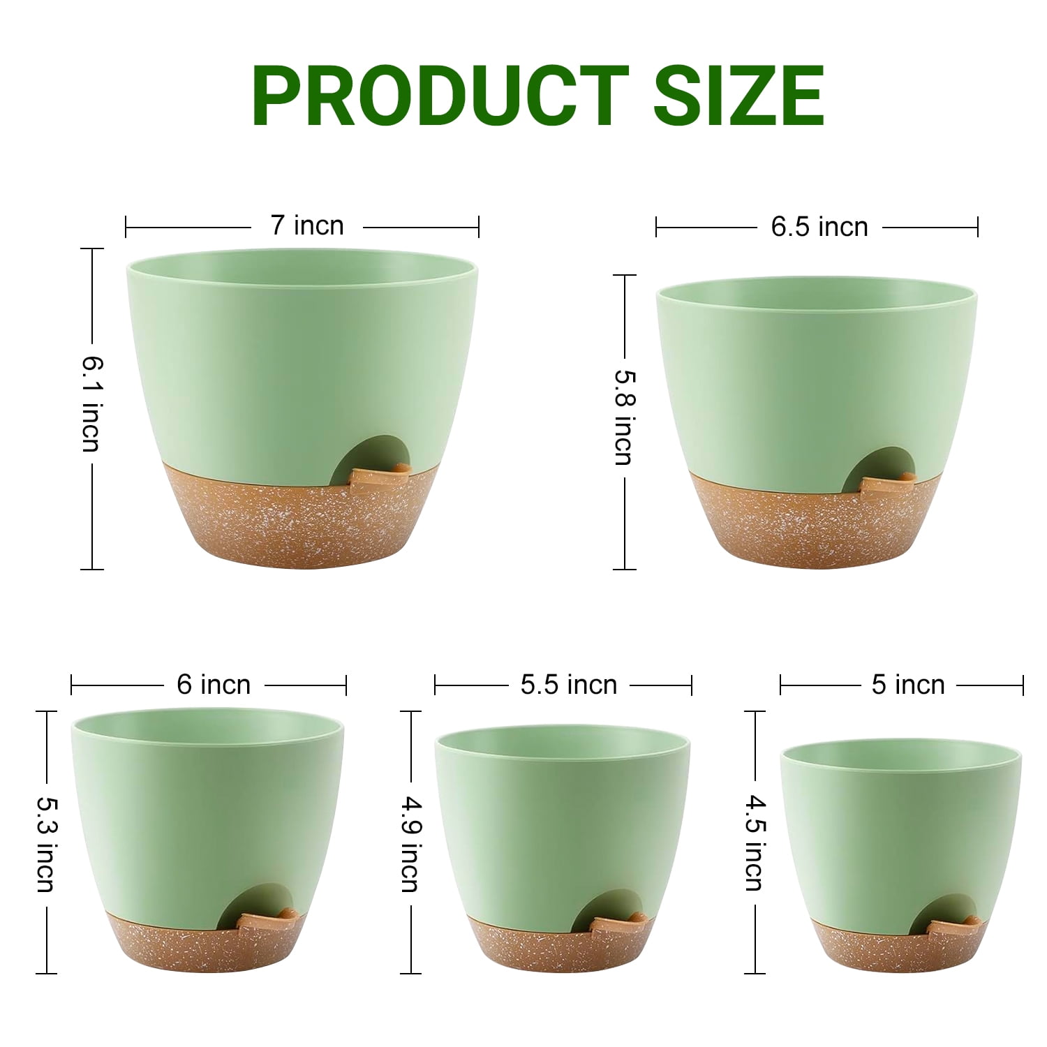 Foukus Self-Watering Plant Pots with Drainage, Eco-Friendly Indoor & Outdoor Planters for Succulents (Green, 5-Piece Set, 5 in to 7 in) nivg5