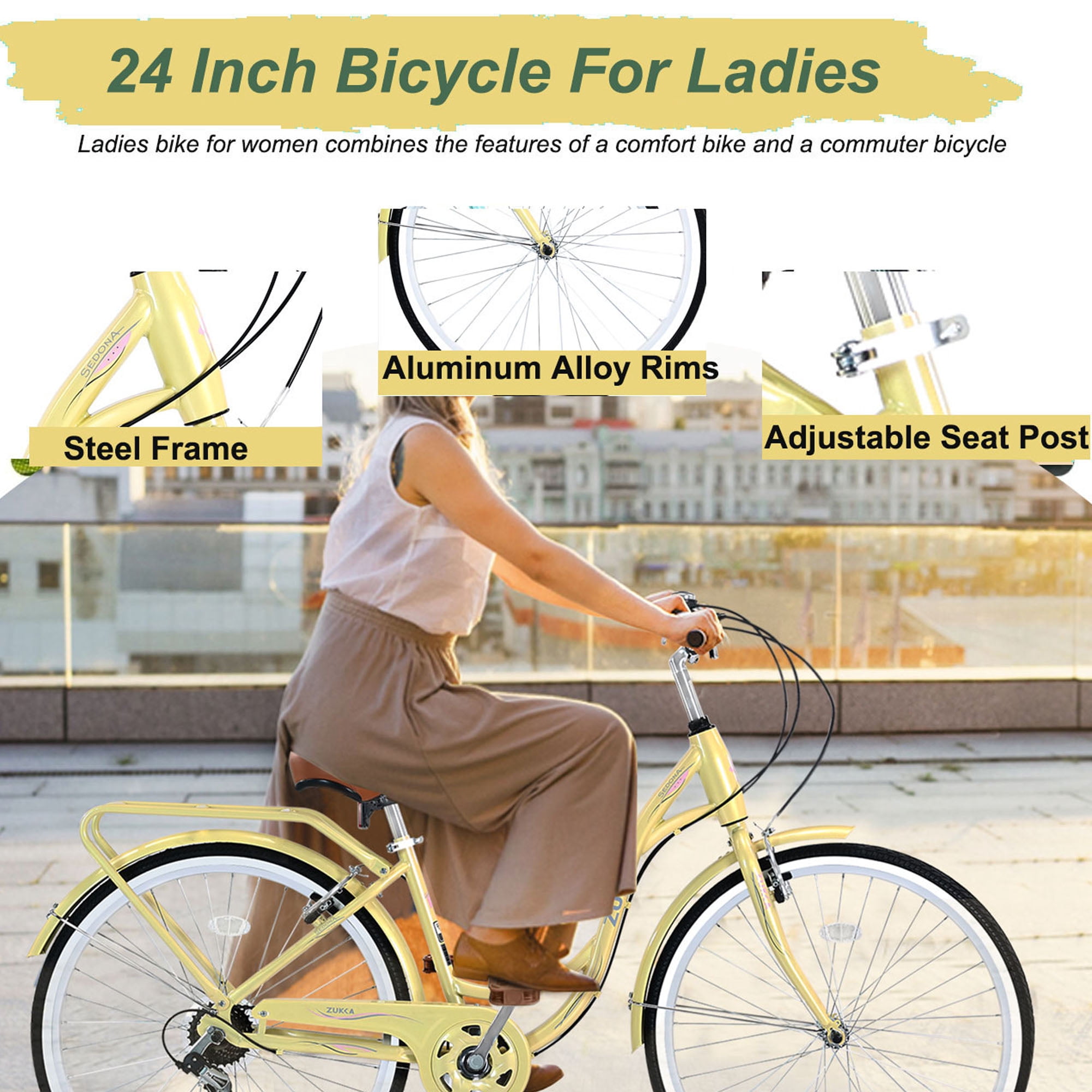Zukka 7-Speed Cruiser Bicycle, High-Carbon Steel Frame City Commuter Bike for Women (Yellow, 24 in) g59mv