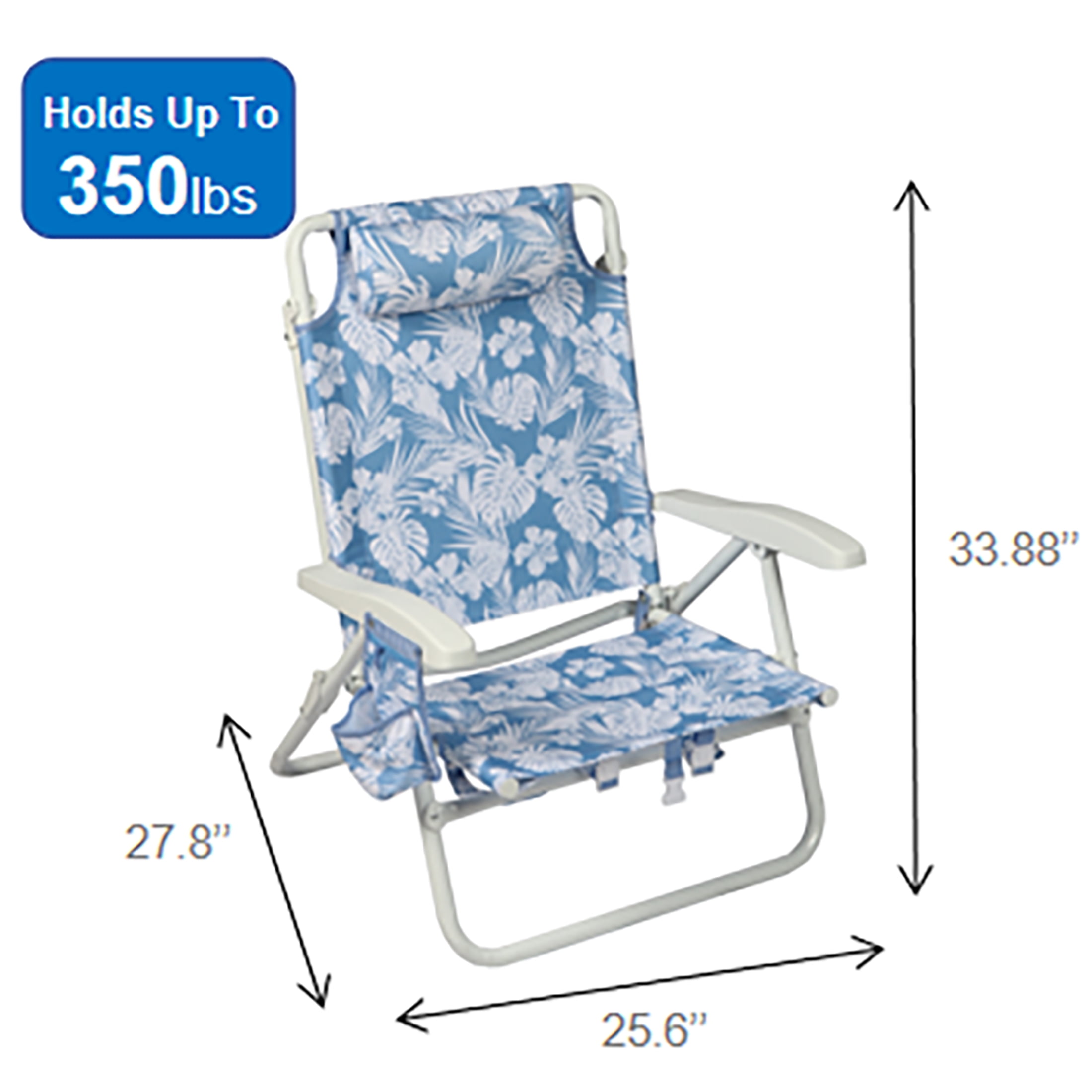 Mainstays Oversized Reclining Beach Chair with Backpack Straps (Blue Palm Print, 25 in x 25 in x 35 in) spxm6