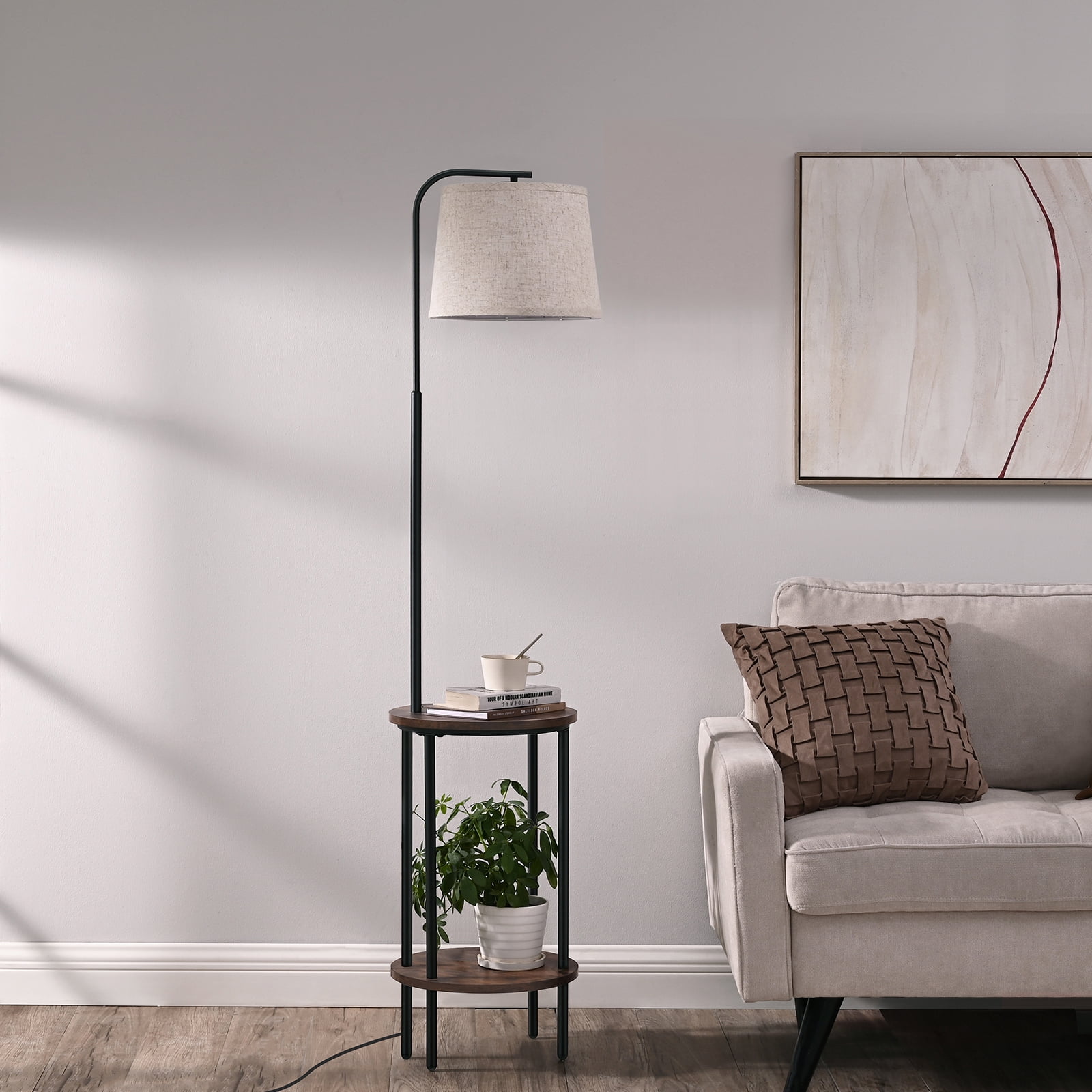 DEWENWILS Rustic Farmhouse Floor Lamp with Attached End Table, Adjustable Reading Light for Living Room and Bedroom (Brown, 62 in) lvb6r
