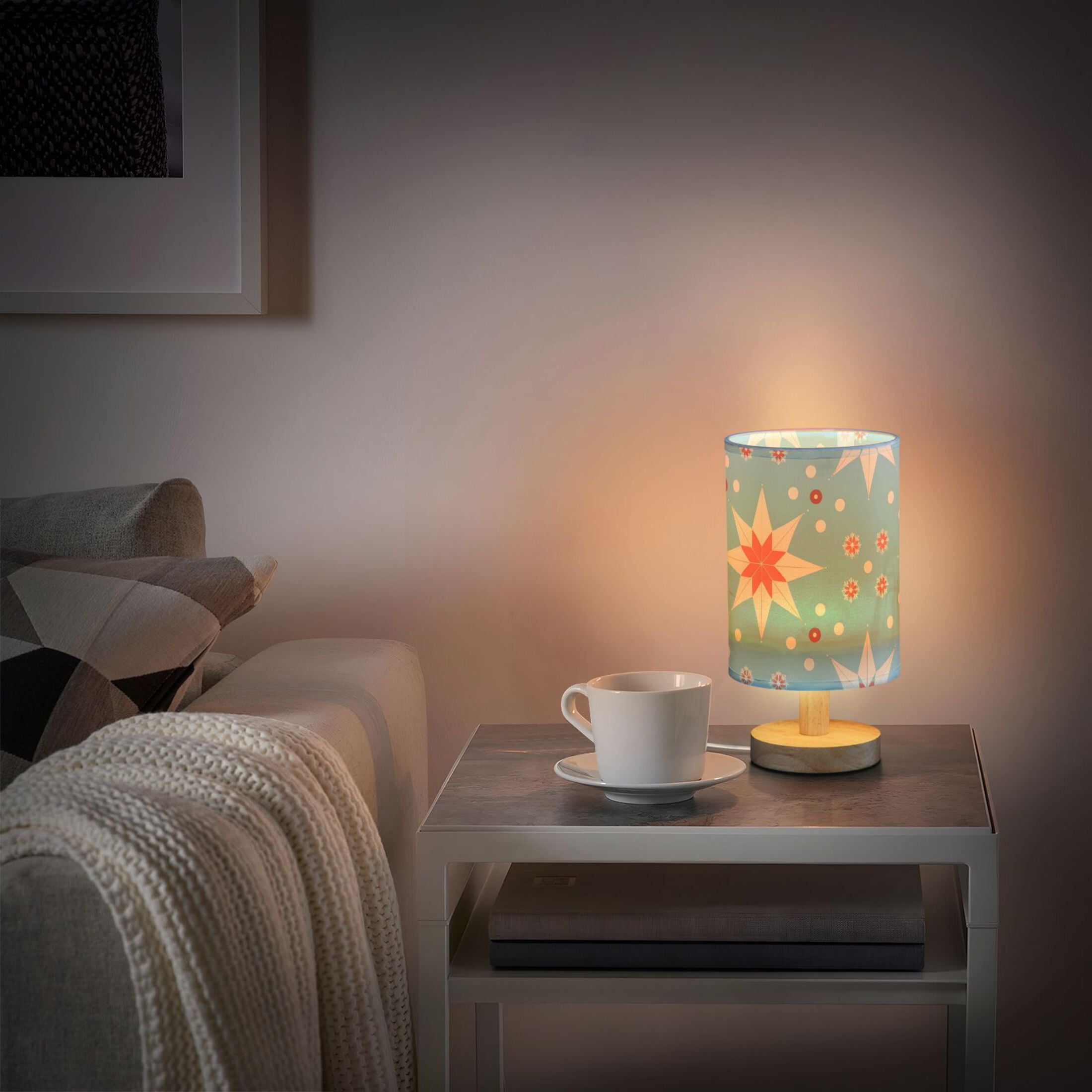 Goojoo Floral Table Lamp USB Powered Bedside Desk Light with Wood Base (Blue, 9.7 in) i038q