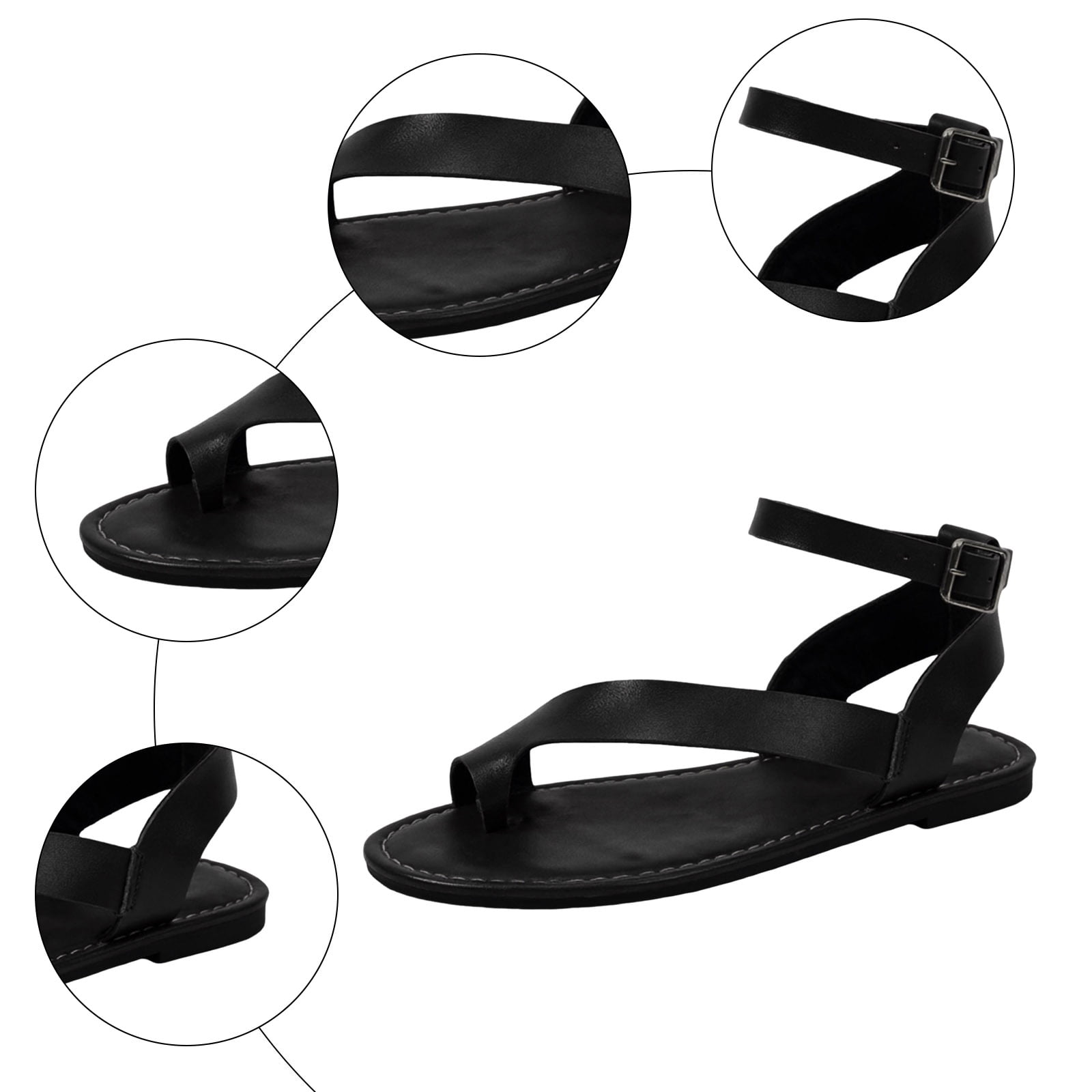 Mostsola Women's Flat Sandals Soft Leather Flip Flops with Buckle Ankle Strap (Black, 6.5) yhj79