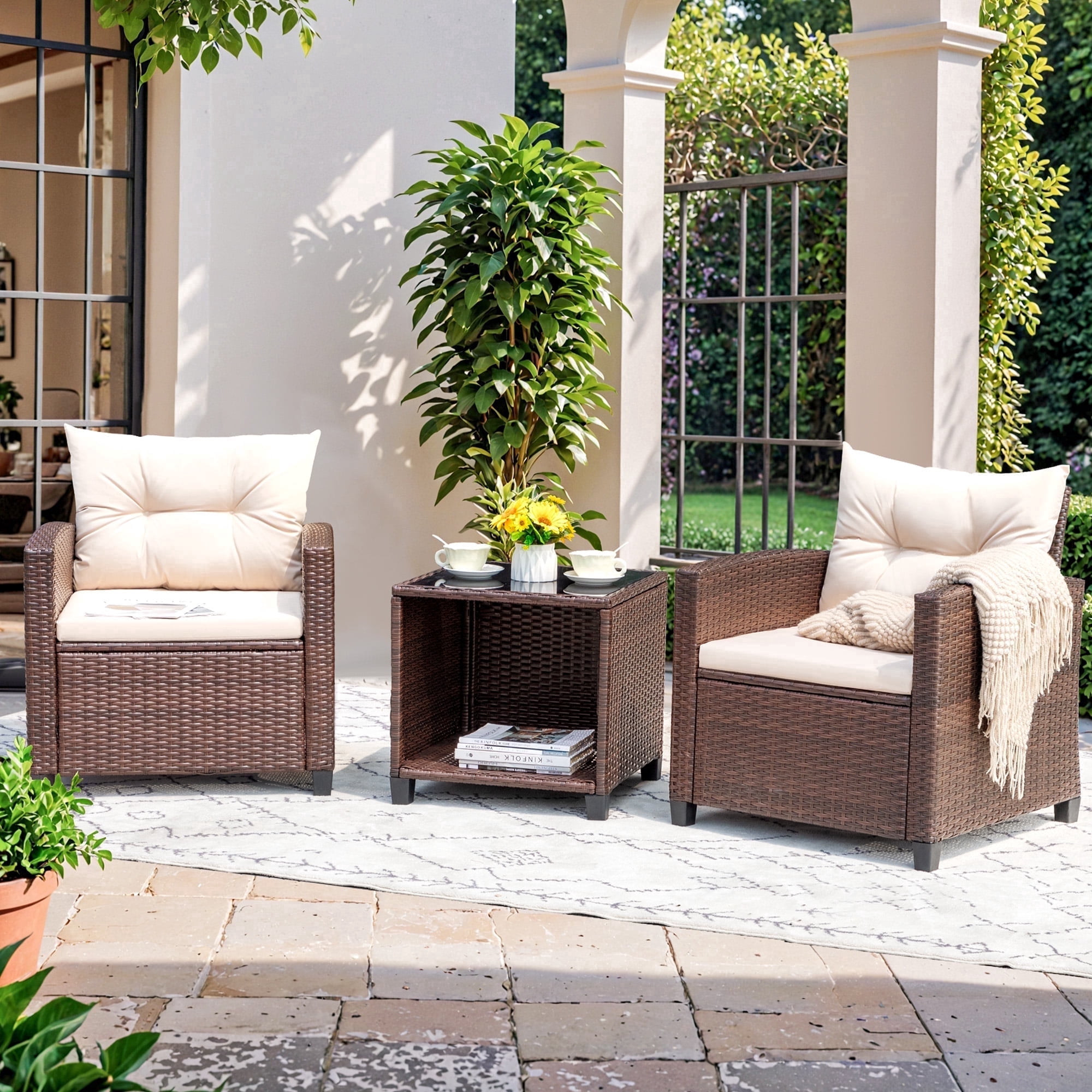 Devoko 3-Piece Patio Bistro Set, Rattan Outdoor Conversation Chair Set with Cushions and Coffee Table (Beige) 76ffr