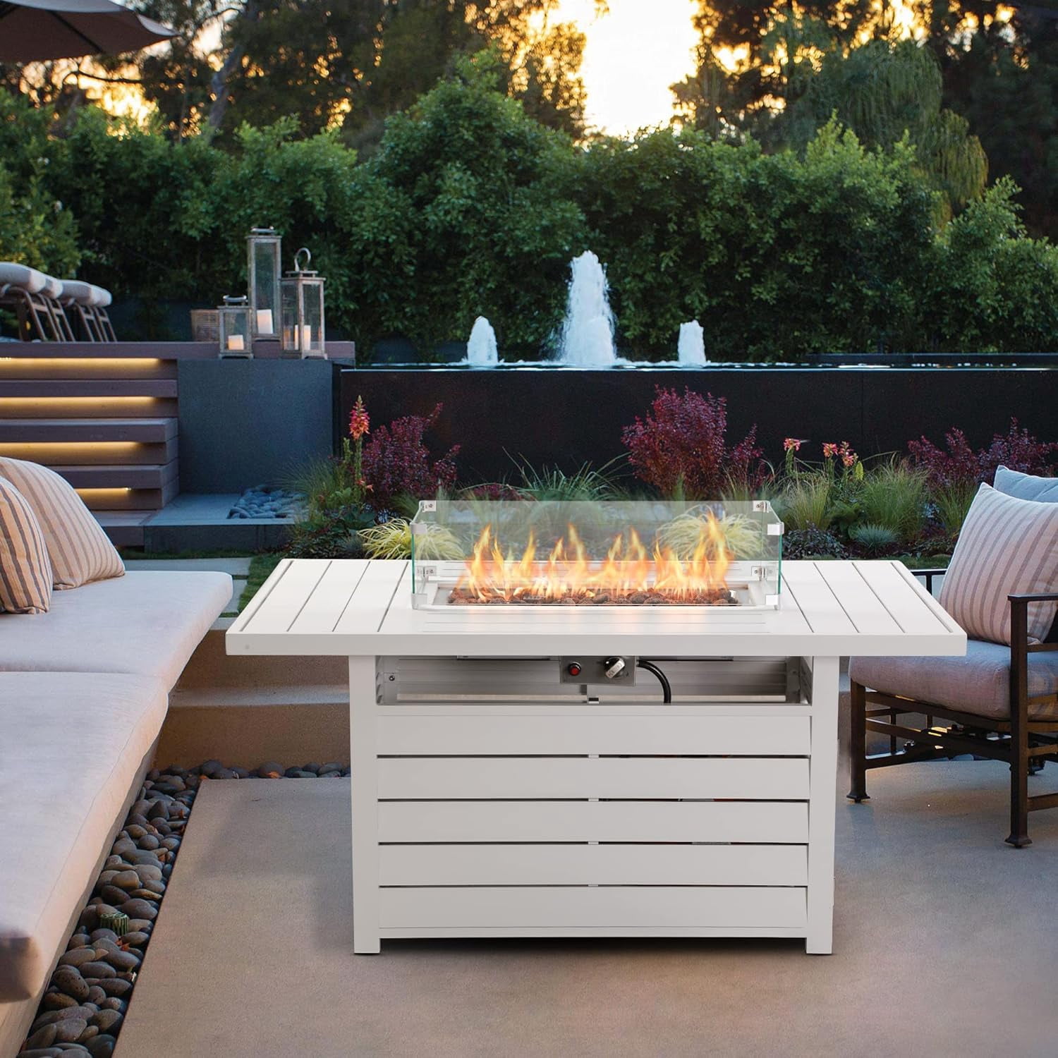 RoyalCarft Outdoor Patio Aluminum Propane Gas Fire Pit Table, 50,000 BTU Rectangular Fire Table with Stainless Steel Burner and Waterproof Cover (White, 54.3 in) v44eq
