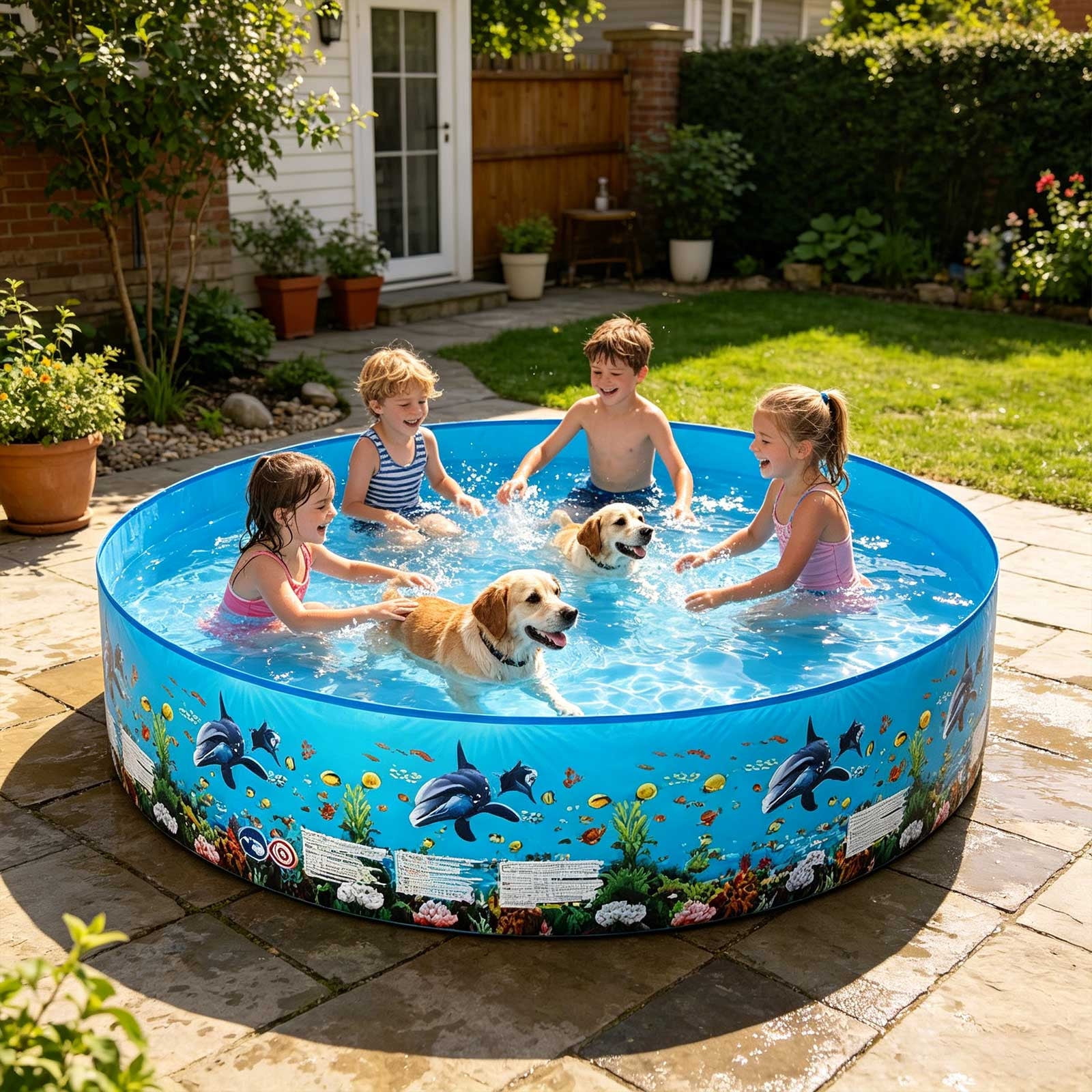 Lypsnake Inflatable Swimming Pool, Round Backyard Water Basin with Dolphin Pattern (Blue, 8 ft) usmgz