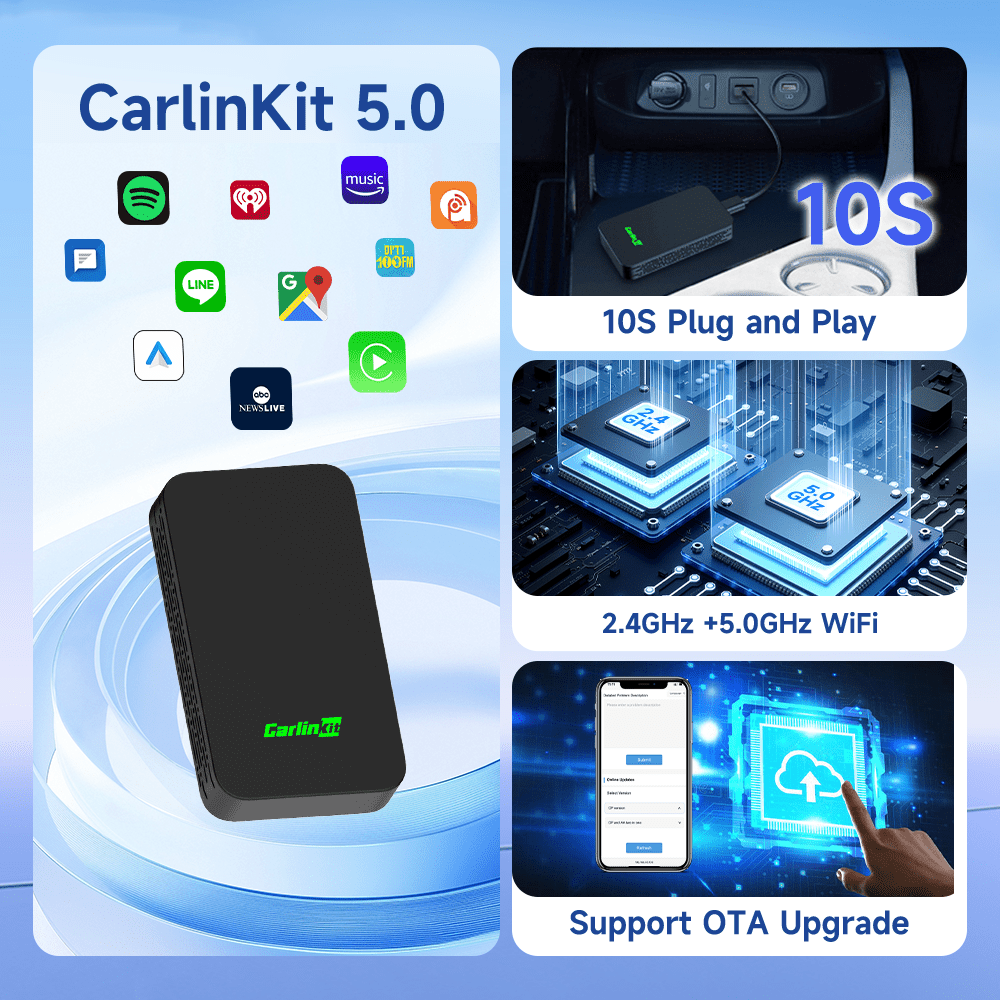 Carlinkit 5.0 Wireless Apple CarPlay and Android Auto Adapter, Plug and Play Dongle with 5.8GHz WiFi (Black, 1 Pack) 6xcf3
