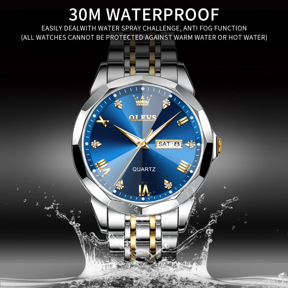 OLEVS Men's Diamond Analog Quartz Dress Watch Stainless Steel Waterproof Business Wristwatch (Blue, 1.6 in) fduvn
