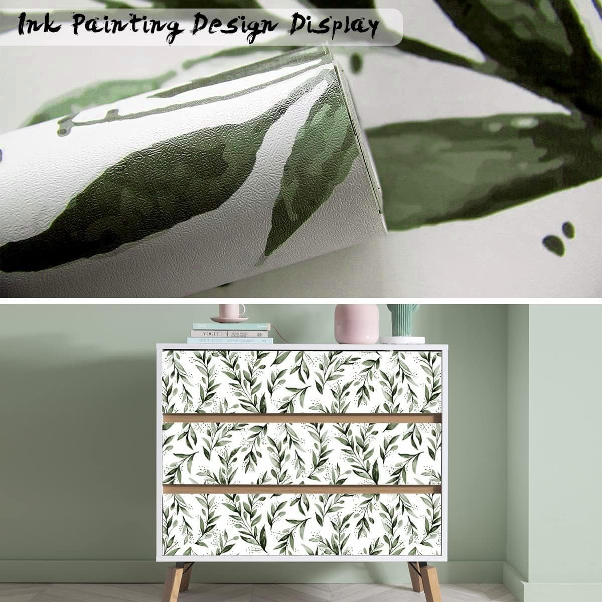 Genreen Green Leaf Peel and Stick Wallpaper, Self-Adhesive Removable Vinyl Contact Paper for Furniture and Walls (Green, 17.7 in x 118.1 in) i7pz9