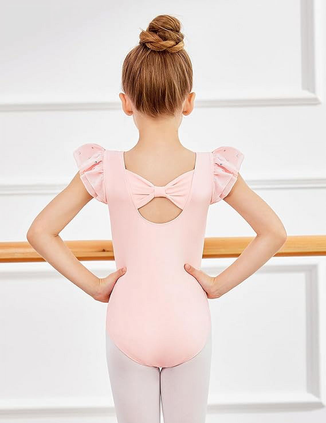 Oudiya Girls Ballet Leotard Set with Removable Sequin Skirt Ruffle Sleeve Bow Back (Pink, 3-11 Years) uf5ke