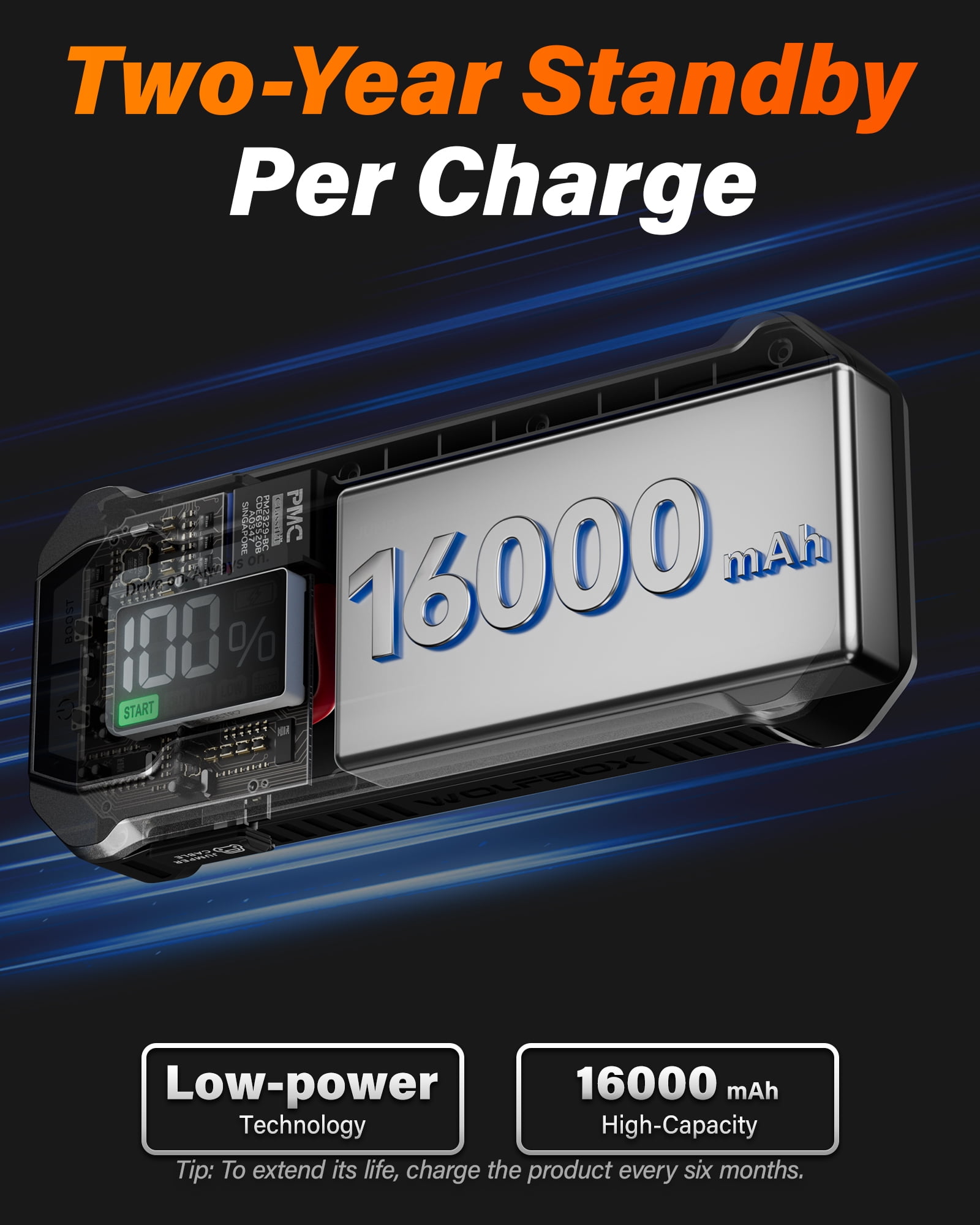 WolfBox 3000A Car Battery Jump Starter, Portable Emergency Power Pack with LED Light and USB Quick Charge (16000mAh) hokik