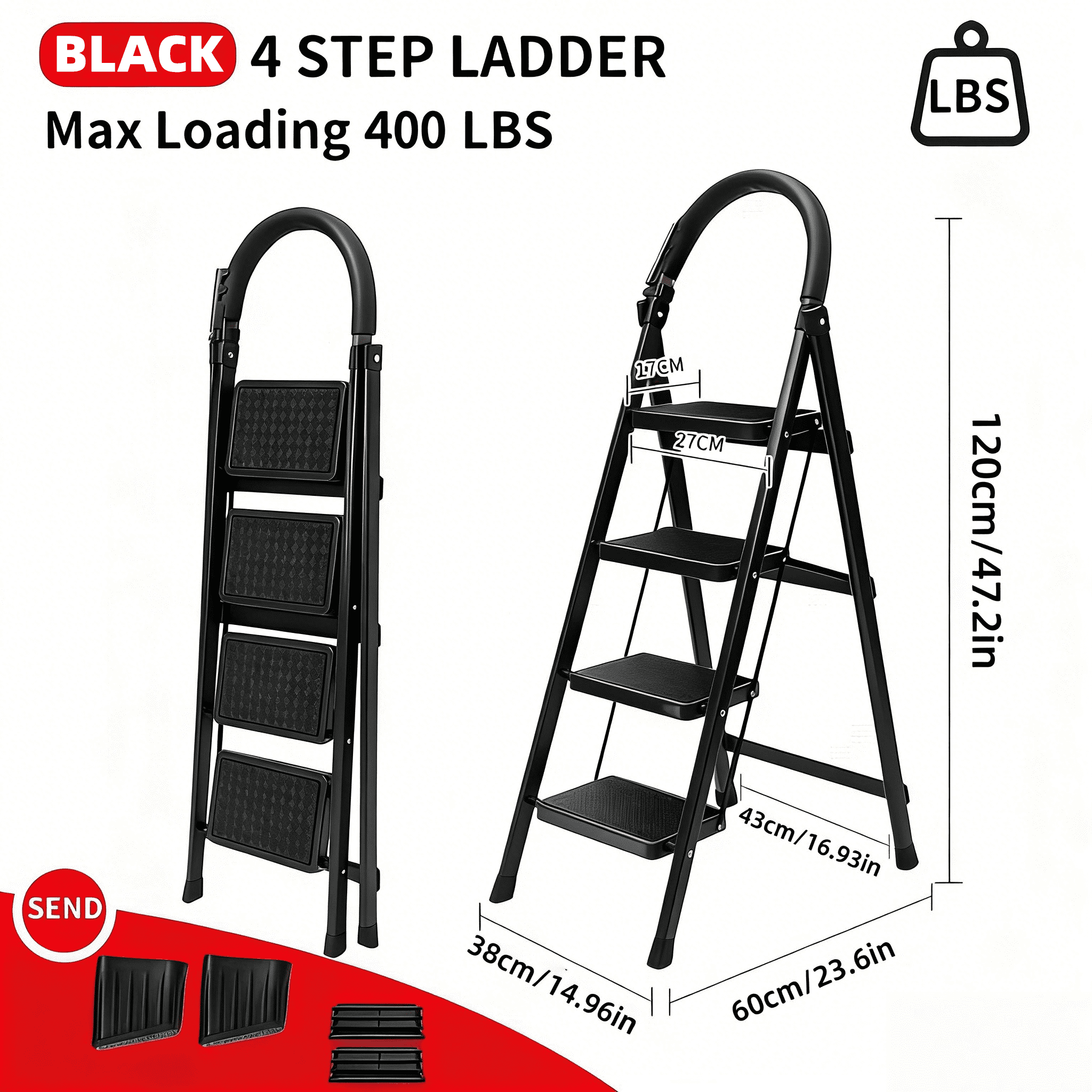 Generic 4-Step Folding Ladder, Heavy-Duty Steel Utility Step Stool with Non-Slip Wide Pedals (Black, 47.2 in) 4xblc