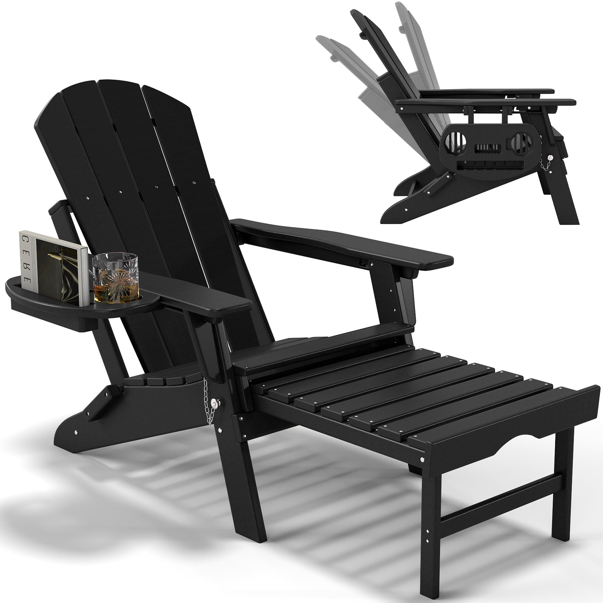 FOOWIN Folding Adirondack Chair with Retractable Ottoman, Adjustable Backrest HDPE Patio Chair with Cup Holder Tray (Black) ltl1r
