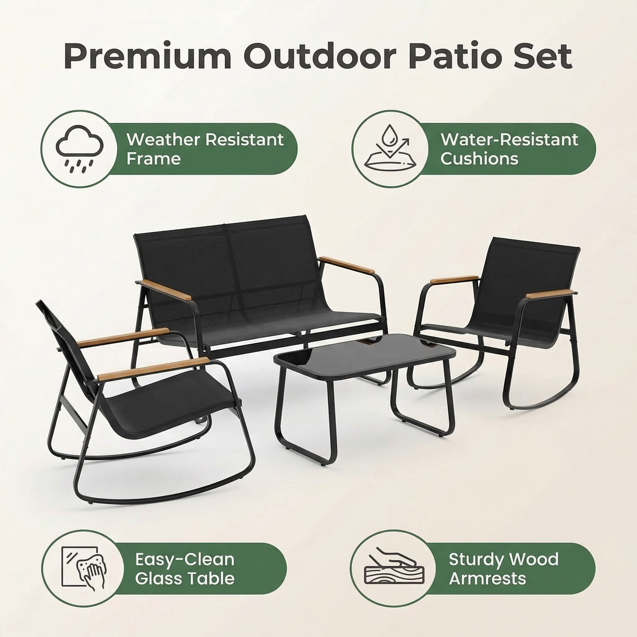 Jolifa 4-Piece Outdoor Conversation Set with Rocking Chairs and Coffee Table (Black, 4-Piece Set) 7cuwo