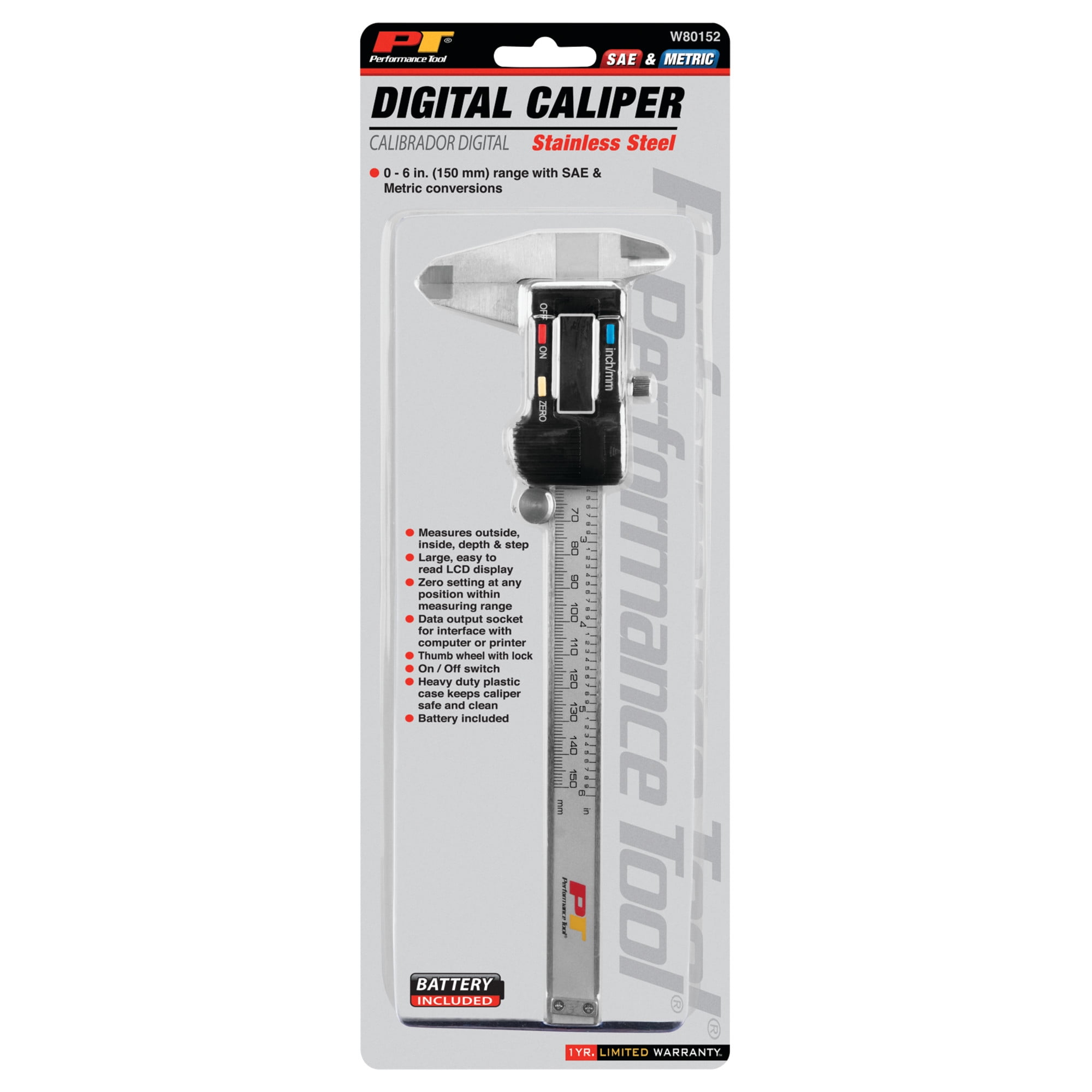 Performance Tool W80152 Electronic Digital Caliper with Extra Large LCD Screen (Silver, 6 in) 3enoa
