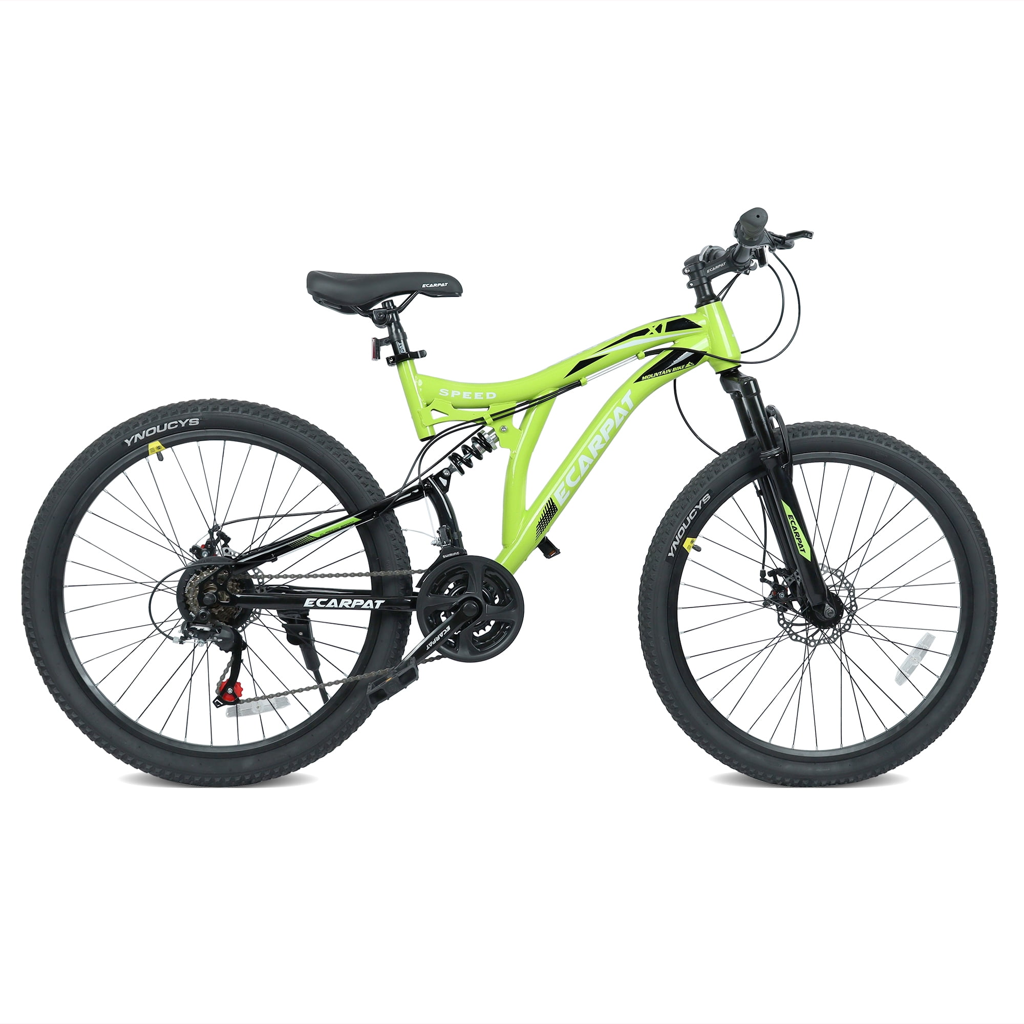 Ecarpat 26 Inch Mountain Bike, Full Suspension Steel Frame, 21-Speed Drivetrain, Dual Disc Brakes (Green, 26 in) n86xu