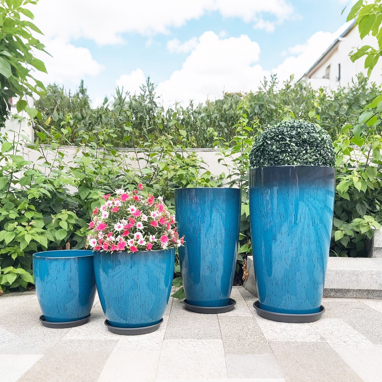 Fiason 4-Piece Tall Planter Set, Weatherproof Plastic Flower Pots with Drainage Holes and Mesh Filter (Blue, 24 in, 21 in, 12 in, 10 in) 1fcjk