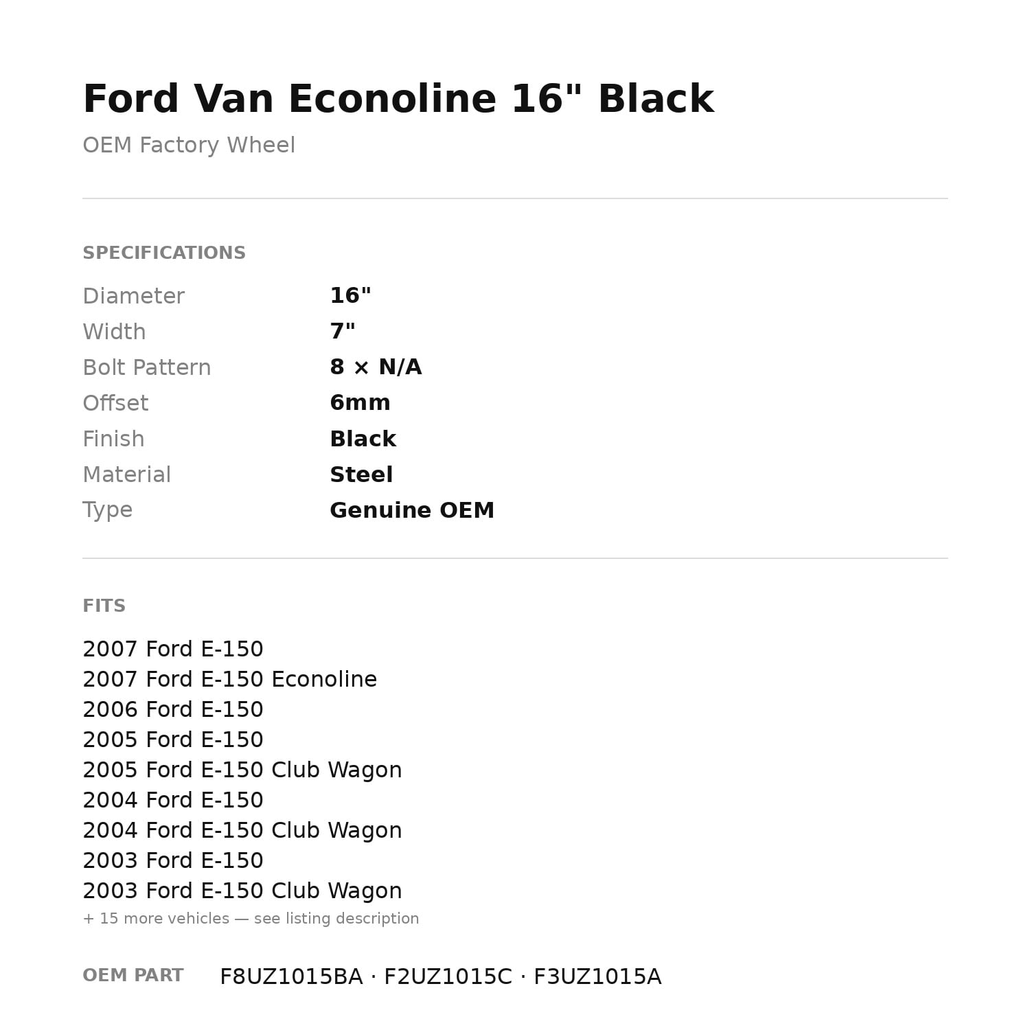 Factory Wheel Warehouse Ford Econoline Van 16 in Black OEM Factory Wheel Rim (Black, 16 in) tt56z